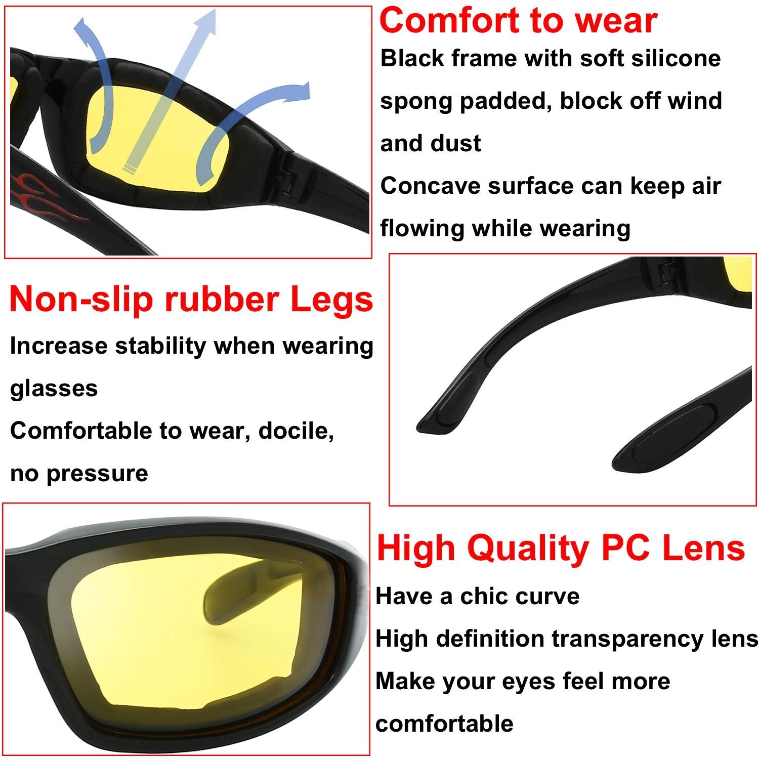 The Fresh Motorcycle Riding Glasses Padded Frame Lens Block 100% Uvb For Outdoor Activity Sport (1409-Shiny Black(Flame Print),