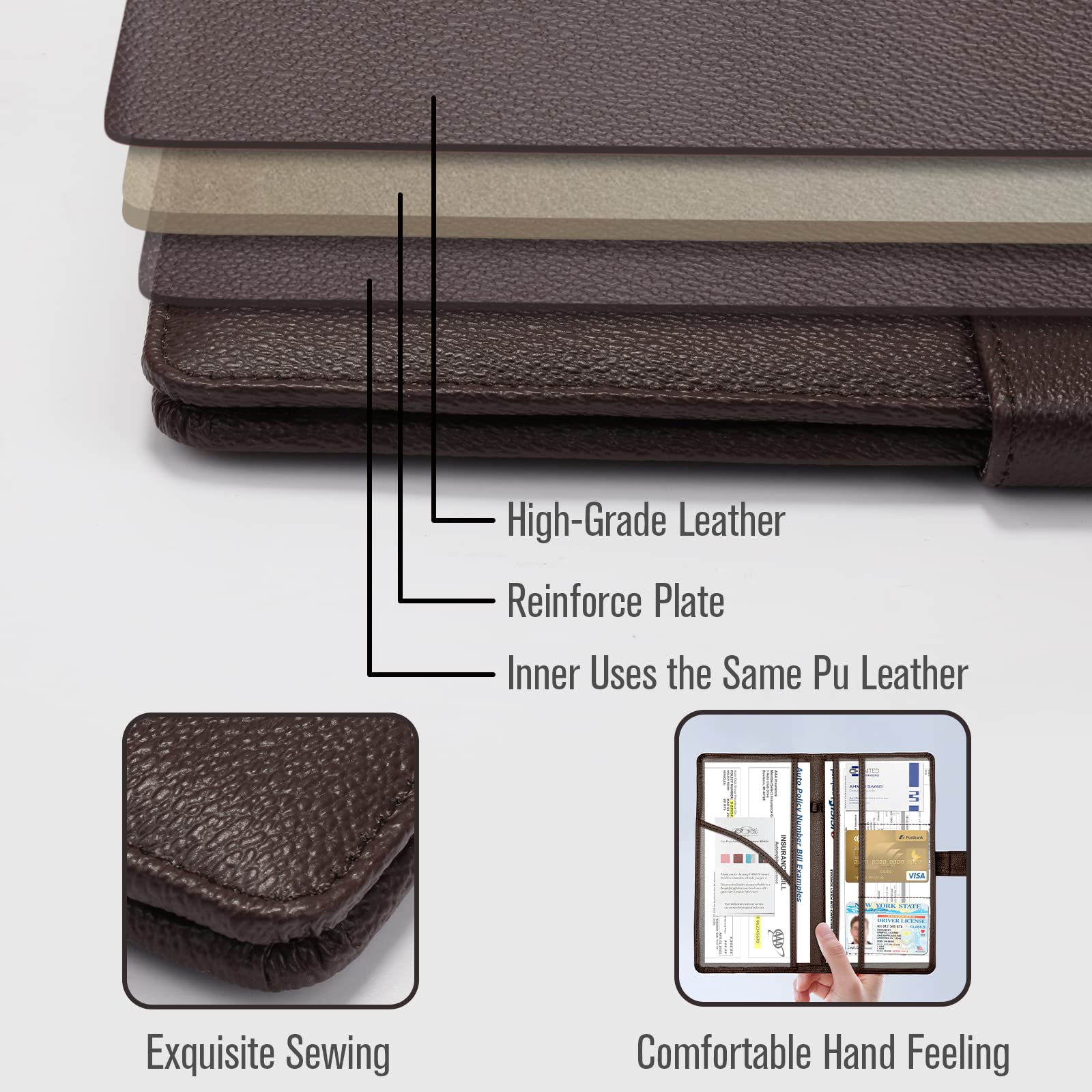 Foryou Car Registration And Insurance Holder With Magnetic Closure, Auto Truck Document Vehicle Glove Box Paperwork Organizer Wallet For Accessories Case, License, Card (Black Brown)