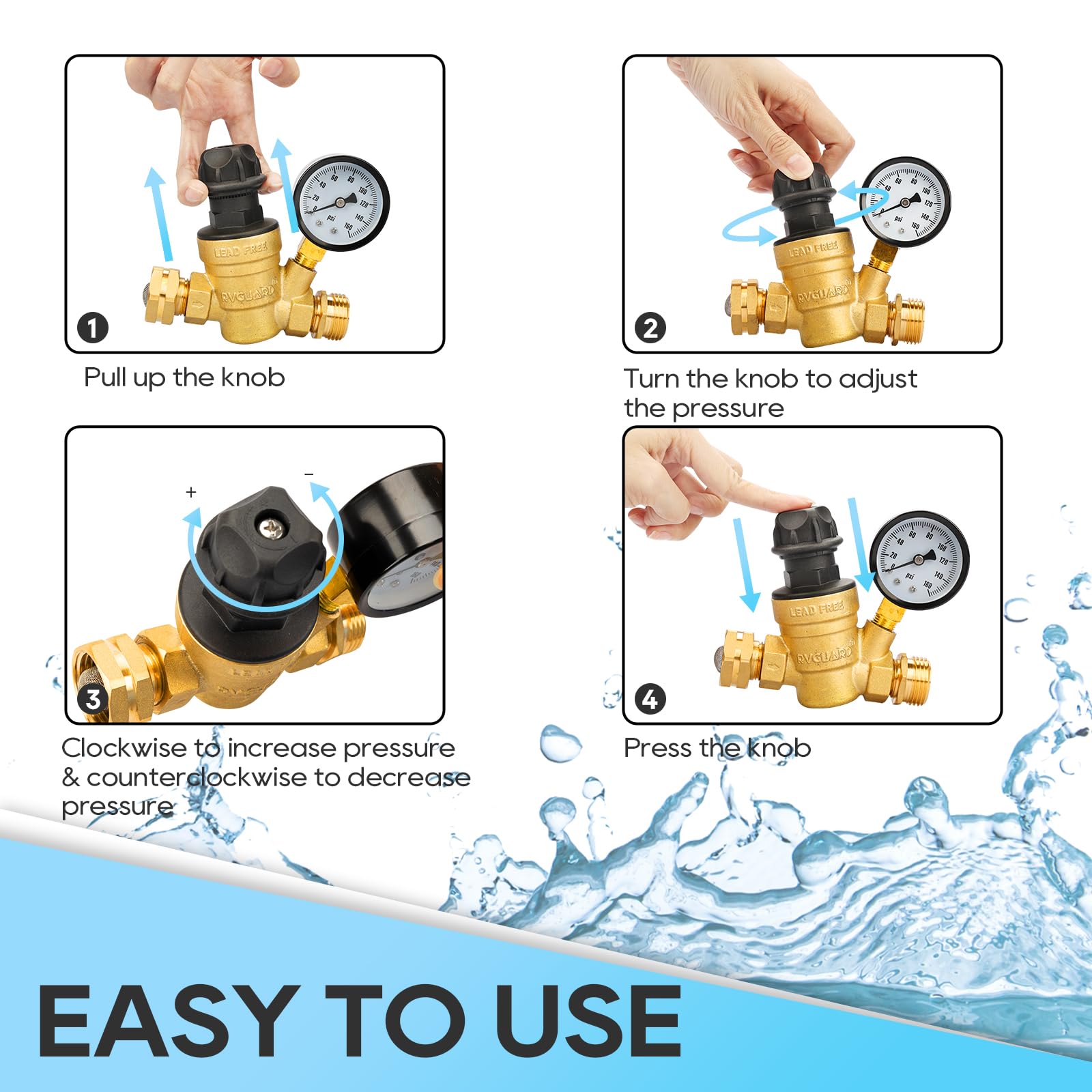 Rvguard Rv Water Pressure Regulator Valve With An Adjustable Knob, No Tool Required, Brass Lead-Free Water Pressure Reducer With Gauge And Inlet Screen Filter For Rv Camper Travel Trailer