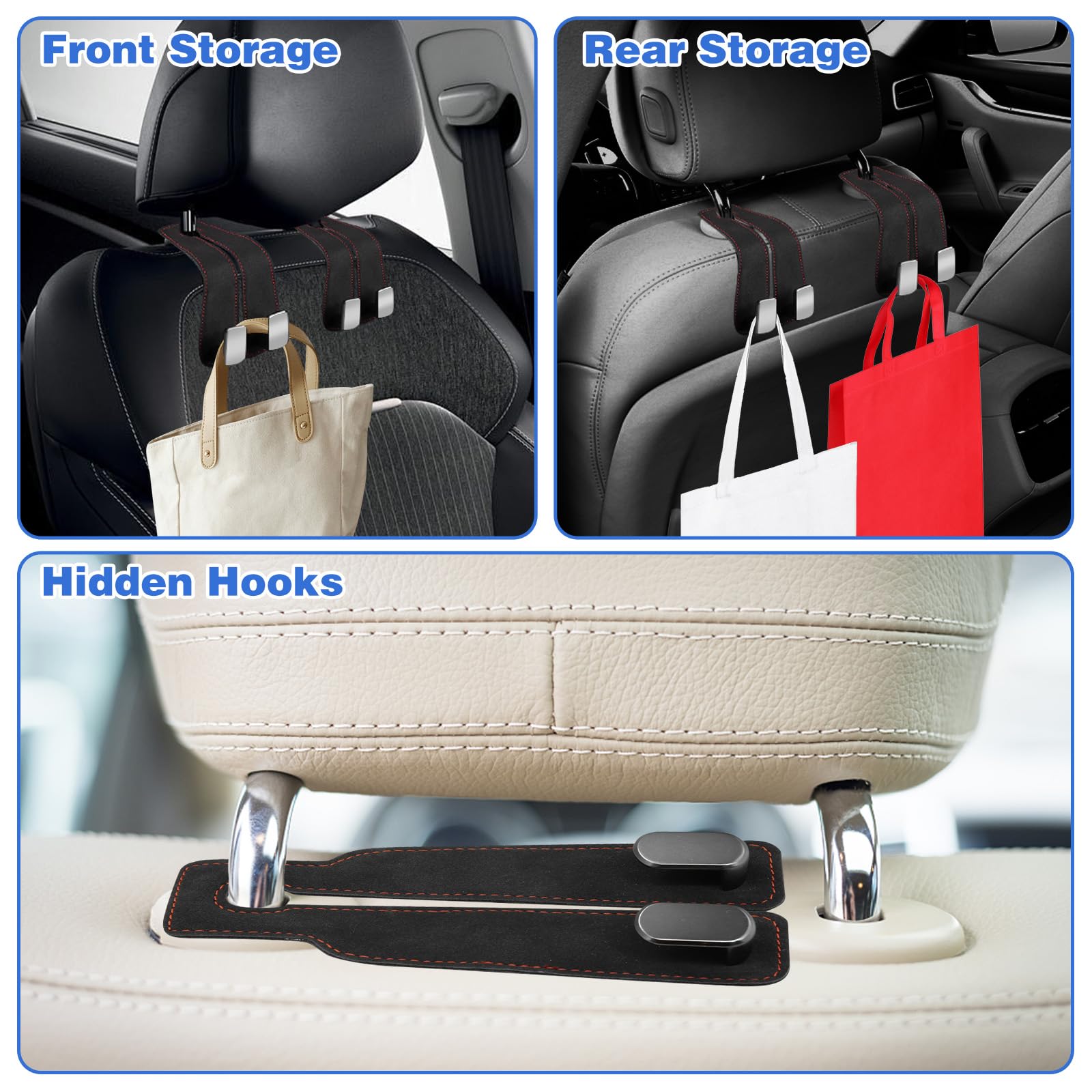 Canipha 4Pcs Car Seat Hooks For Headrest, Double Hook Purse Hook For Car Applies To Purse Hanger For Car Headrest Hook Car Purse