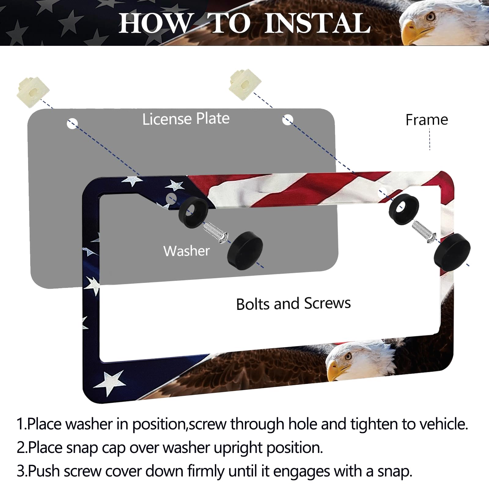 Lin Kang American Flag Eagle License Plate Frame Holder - 2 Pack Patriotic Universal Aluminum Matte Stripe Us Flag Gloss Car Pla