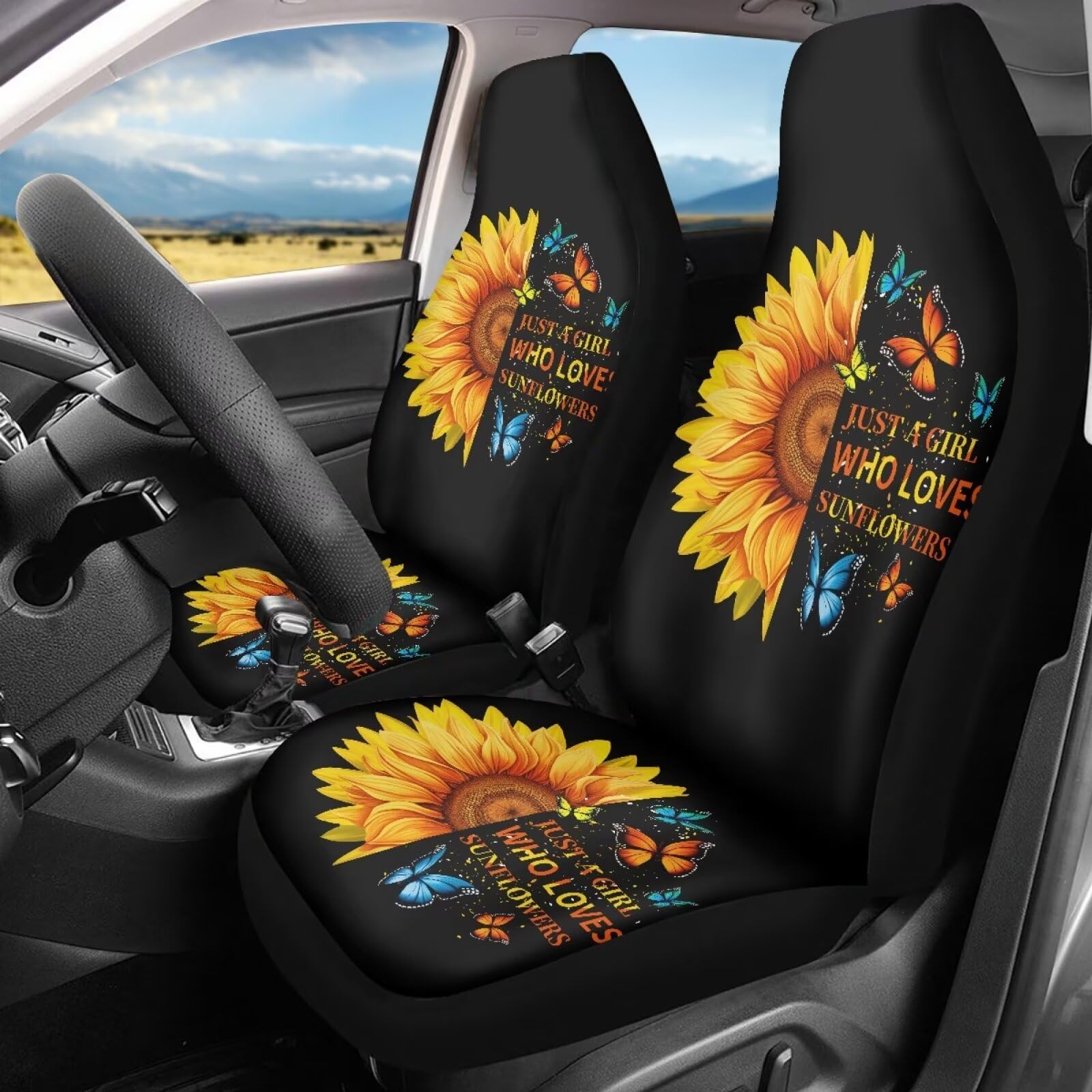 Bigcarjob Sunflower Print Car Seat Cover Set For Front Seat Only,Sunshine Sunflower Auto Front Seat Protector Full Set Butterfly
