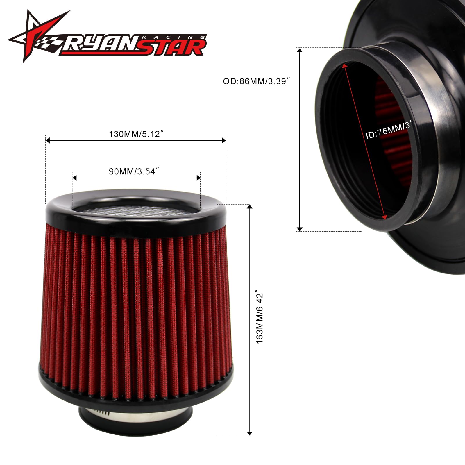 RYANSTAR RACING 76mm 3'' High Flow Round Tapered Cone Cool Air Filter Cleaner with Top Filter Design Short 163mm Tall