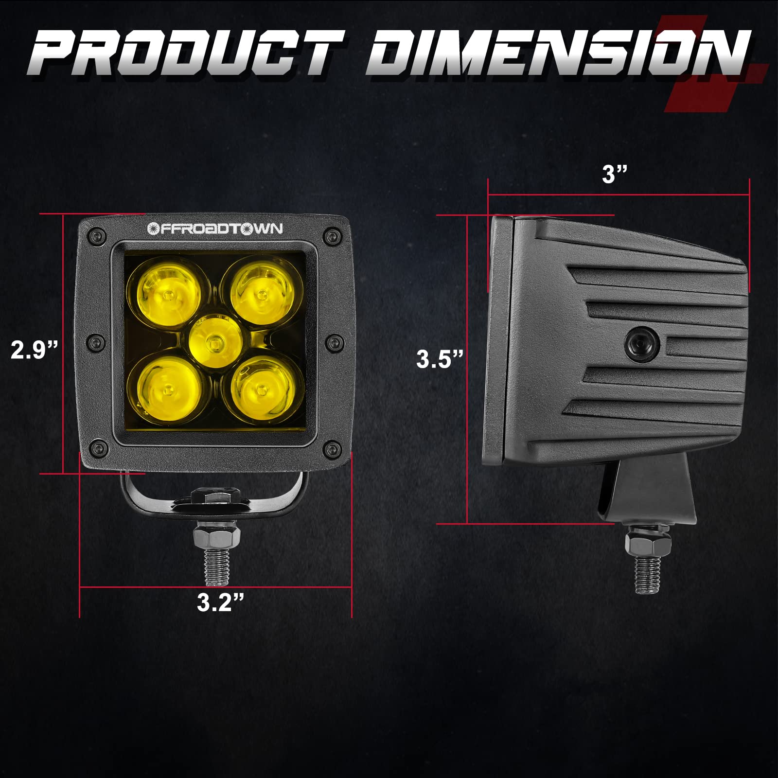 Yellow Led Pods, Offroadtown 100W 2Pcs 3 Inch Cree Led Cubes Light Spot Beam Off Road Driving Lights Led Pod Lights Square Led C