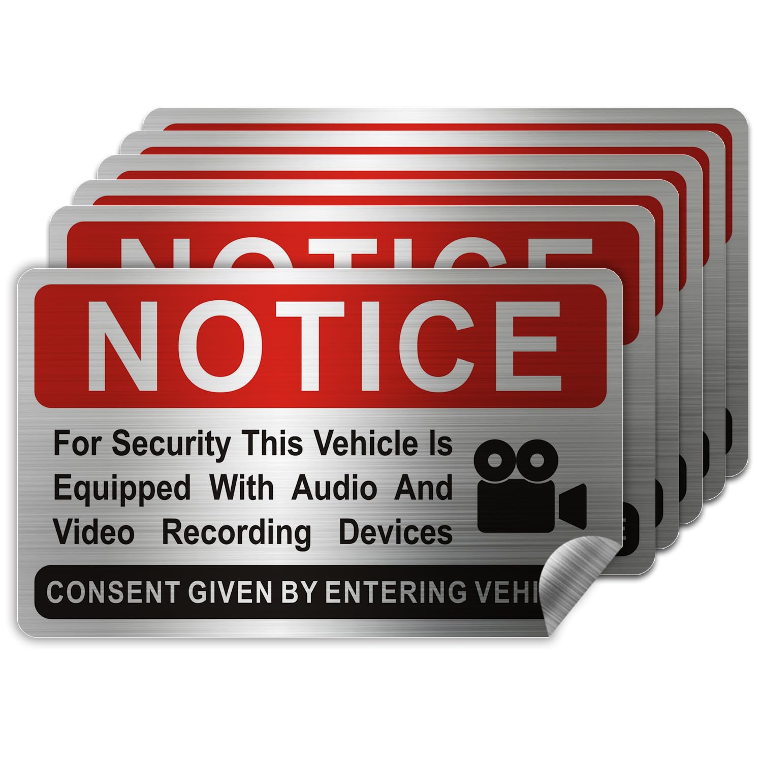 6 pieces Notice Vehicle is Equipped With Audio And Video Recording Devices,In Car Camera Recording Stickers for Cars, Brushed Si