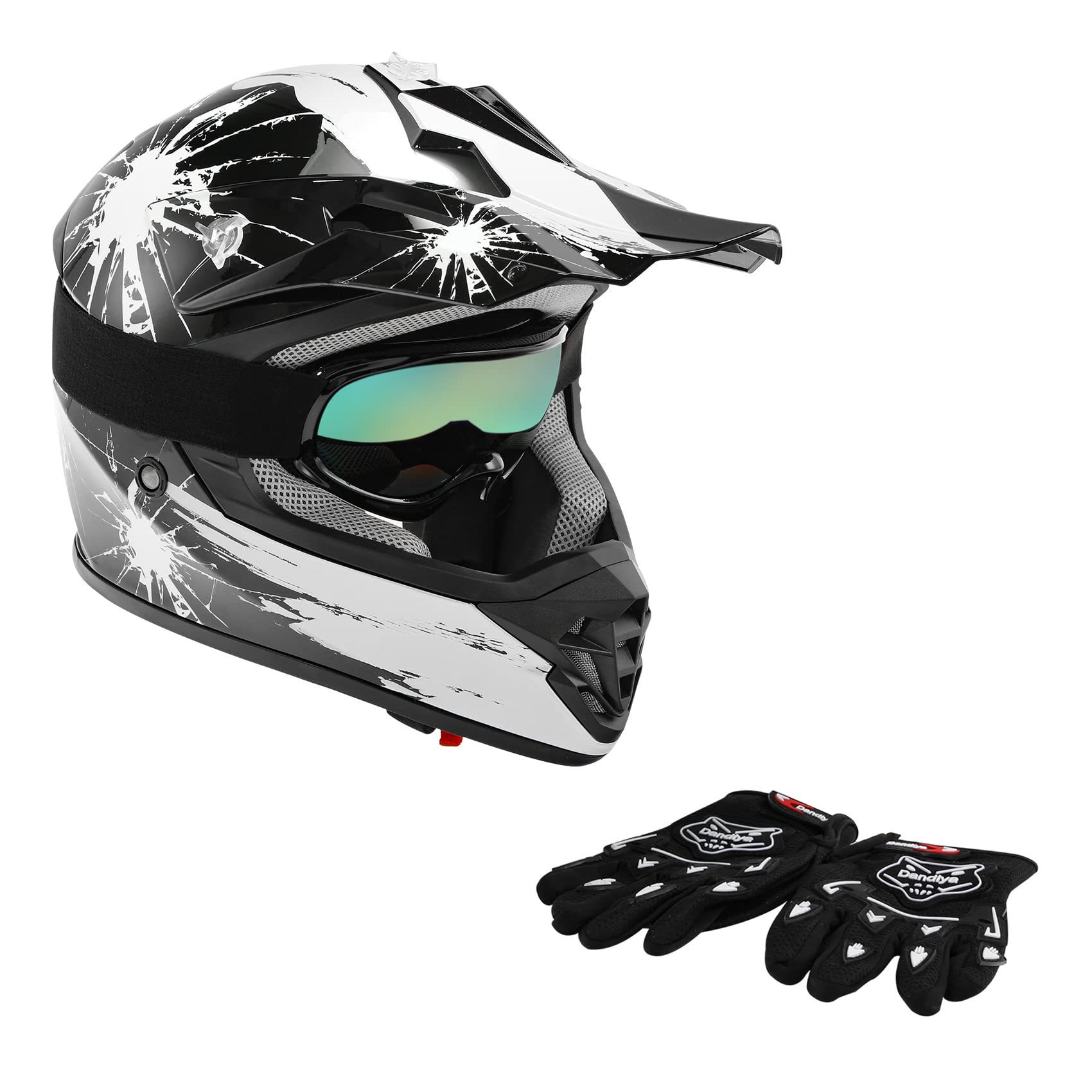 Xfmt Dot Youth Kids Motocross Offroad Street Dirt Bike Helmet Goggles Gloves Atv Mx Helmet, Black White Firework