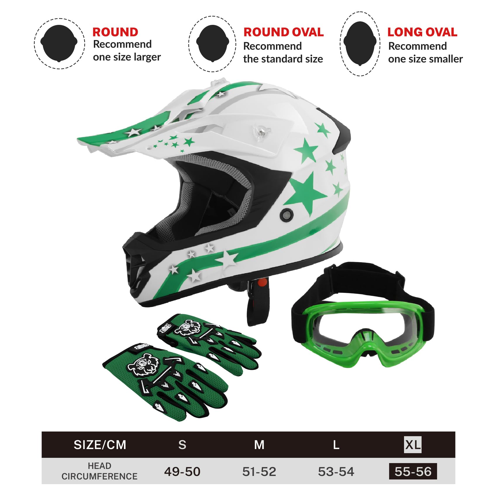 Tct-Motorparts Dot Youth Atv Helmets W/Goggles+Gloves Kids Motocross Offroad Street Dirt Bike Helmet+Gloves+Goggles White W/Green Star Xl