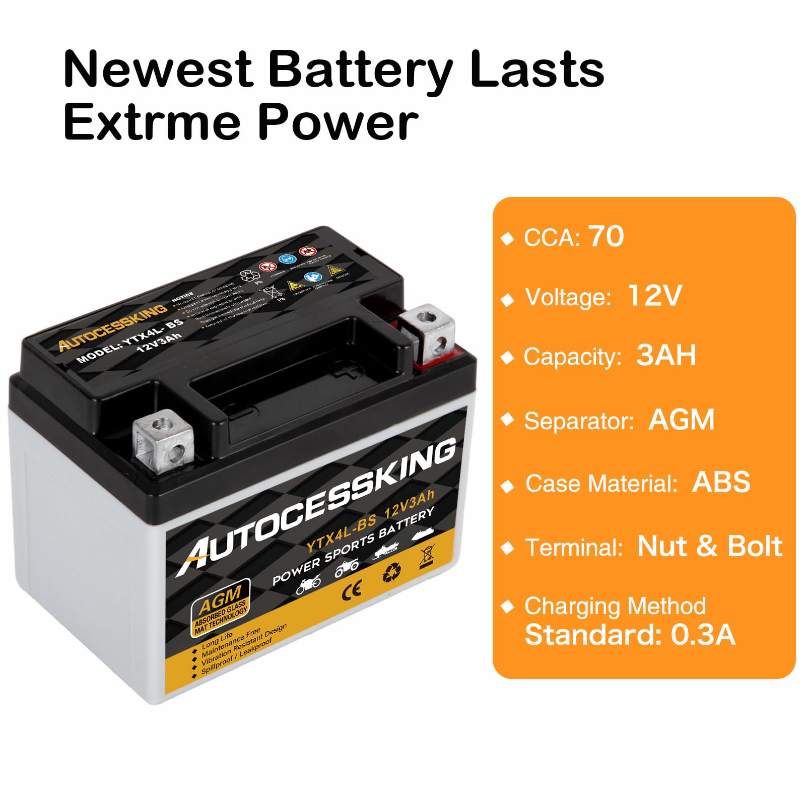 Autocessking Ytx4L-Bs Motorcycle Battery, 12V 3Ah Rechargeable Maintenance Free Sealed Agm Battery Powersport Replacement Batter