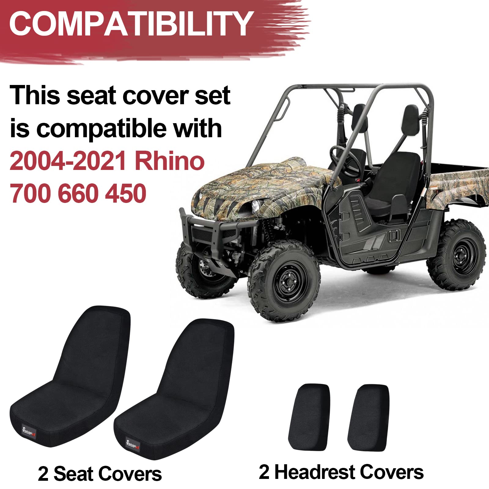 Starknightmt Utv Rhino Seat Covers Water-Resistant Seat Covers Compatible With Rhino 700 660 450 2004-2021 1680D Fabric Black