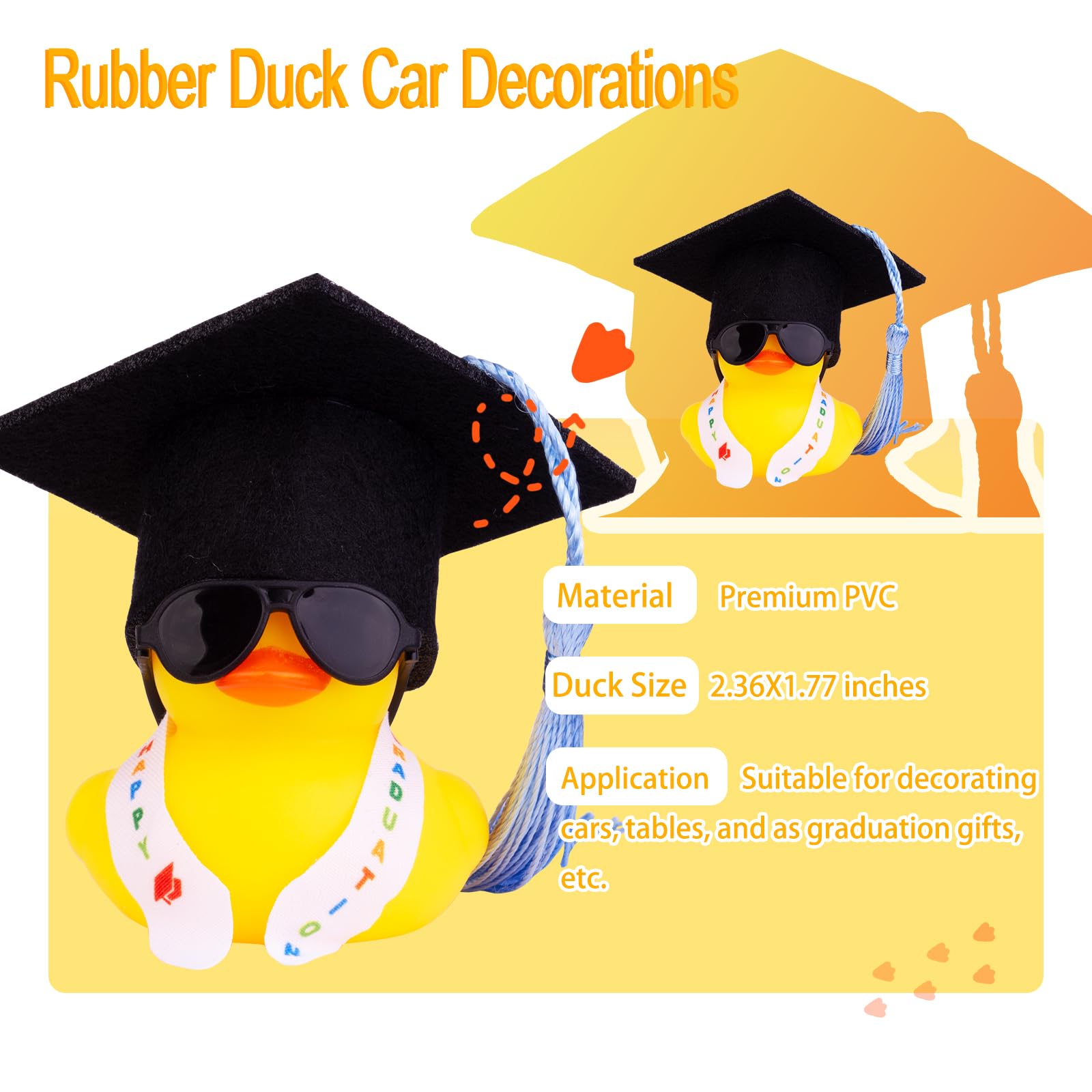 CoFuBcad Graduation Duck Car Ornament, Rubber Duck Car Dashboard Decor with Mini Graduation Hat Sash Sunglasses