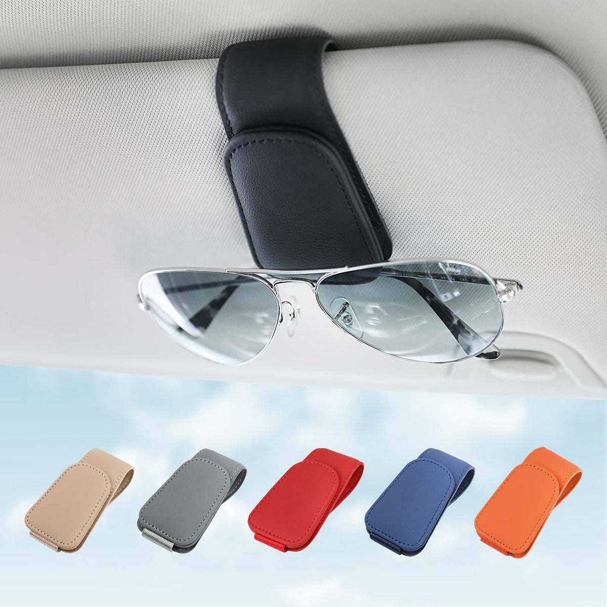 KanSmart Sunglass Holder for Car Sun Visor, Magnetic Sunglasses Clip, Leather Glasses Eyeglass Holder and Ticket Card Clip, Auto Interior Accessories Universal for Car SUV Truck Pickup -Black