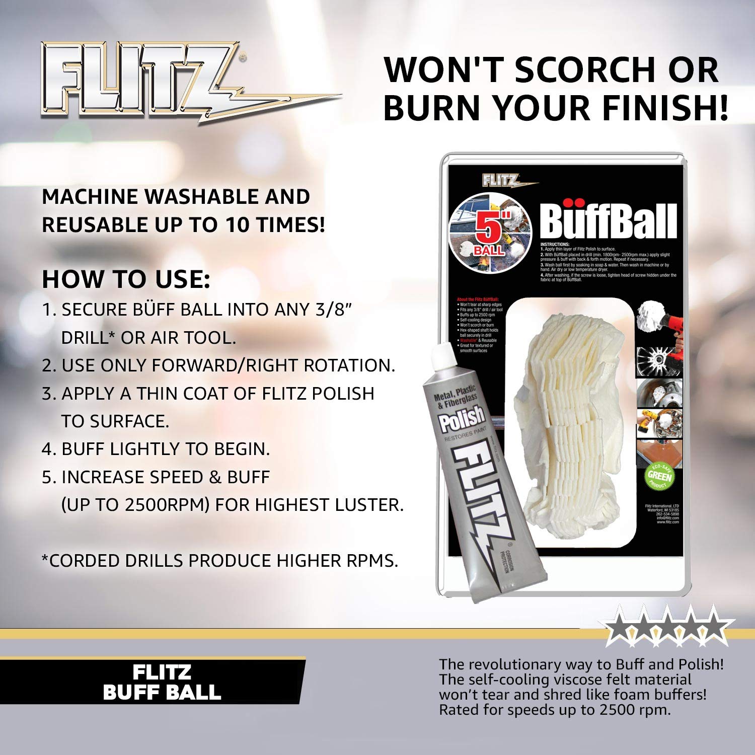 Flitz PB 101-50 Buff Ball Car Buffer Drill Attachment with Self-Cooling Design That Never Scorches or Burns + No Exposed Hardwar