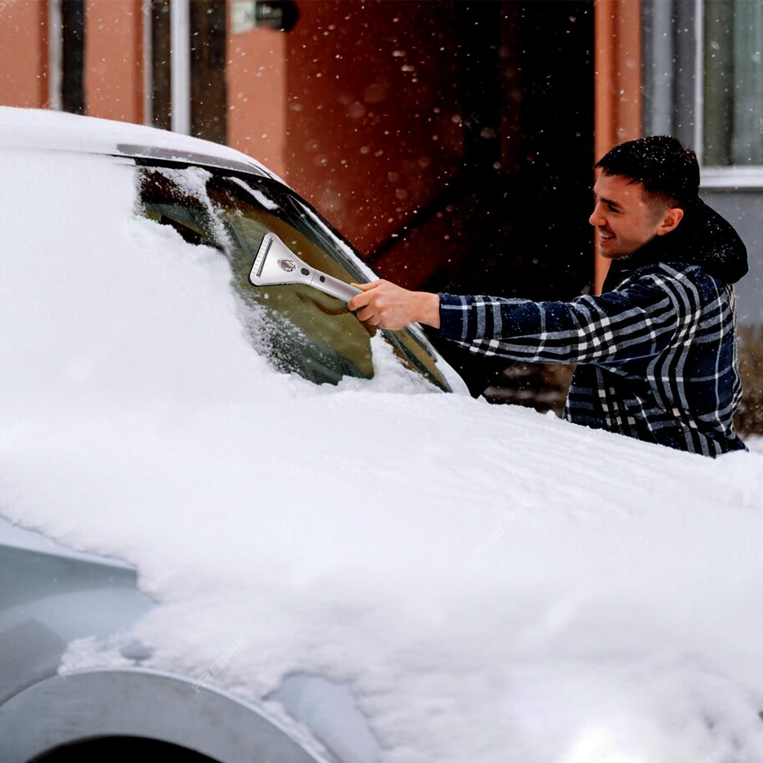 ZONETECH Heated Car Window Ice Scraper with LED Light-Extendable Auto Windshield Frost Remover 12V Plug into Cigarette Lighter E