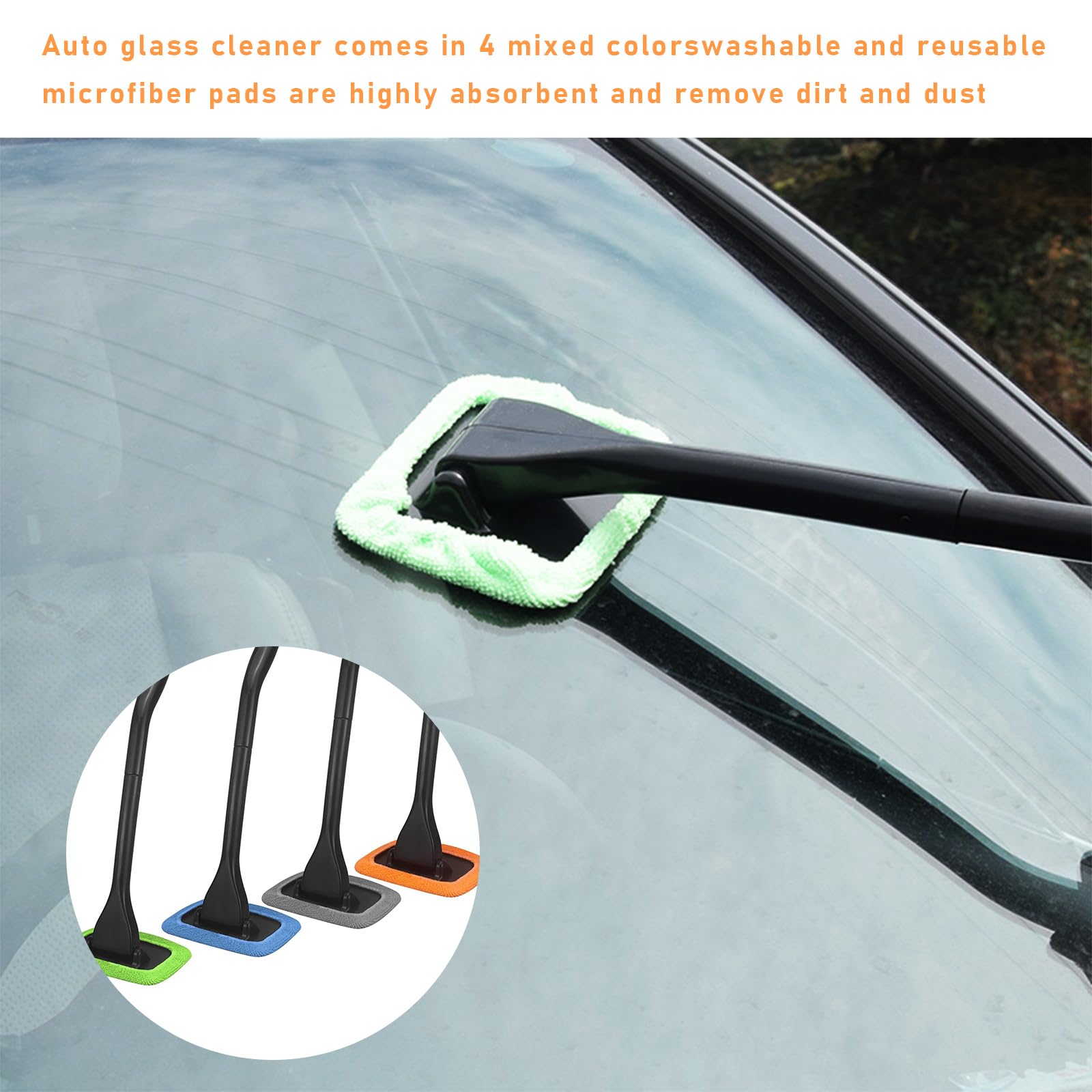 Ohleats Car Windshield Cleaning Tool, Microfiber Window Cleaner with 4 Washable and Reusable Cloth Pad & Long Handle, Auto Glass