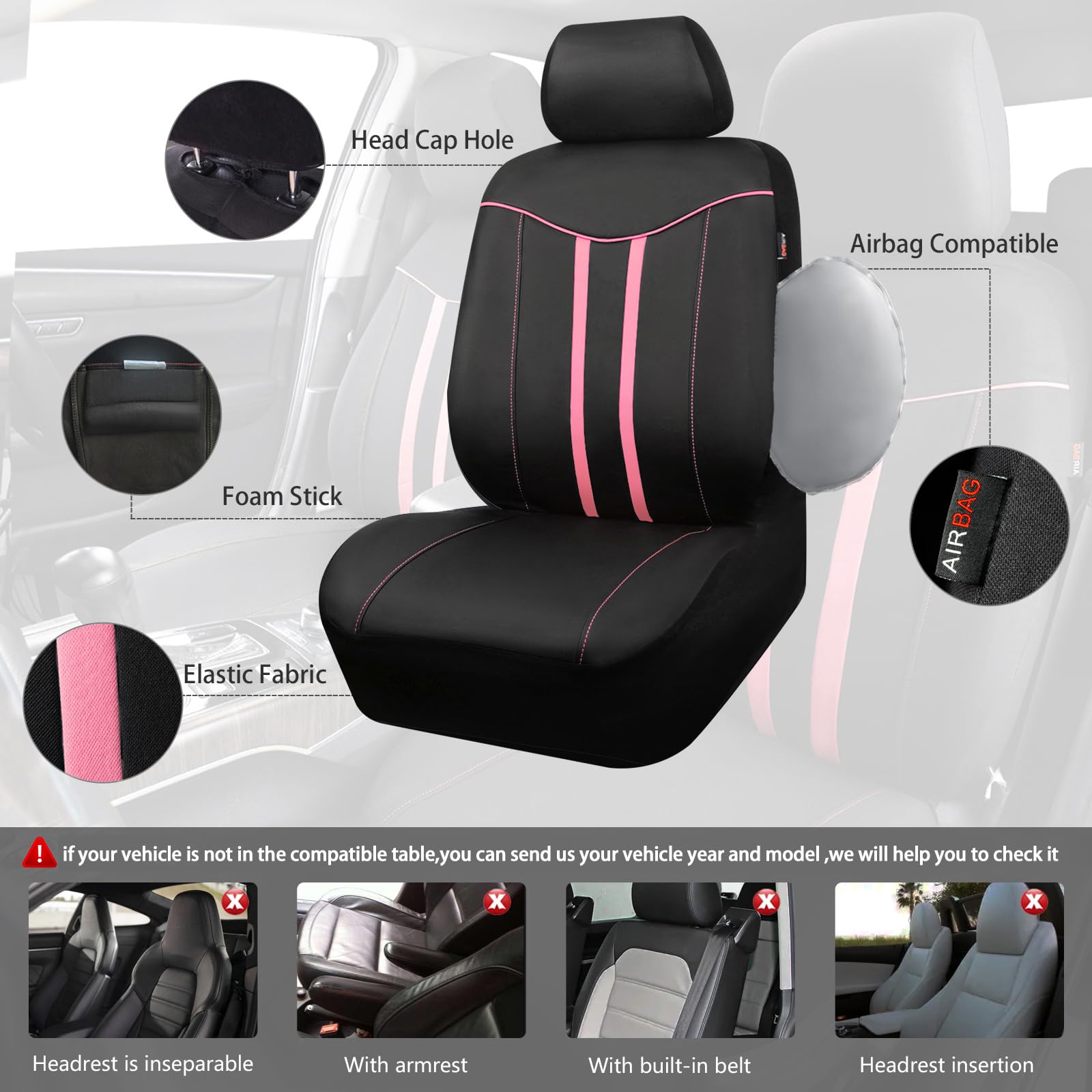 Car Pass Car Seat Covers Full Set For Women Girls With Waterproof Car Floor Mats,Anti-Slip Leather Steering Wheel Cover,Universa