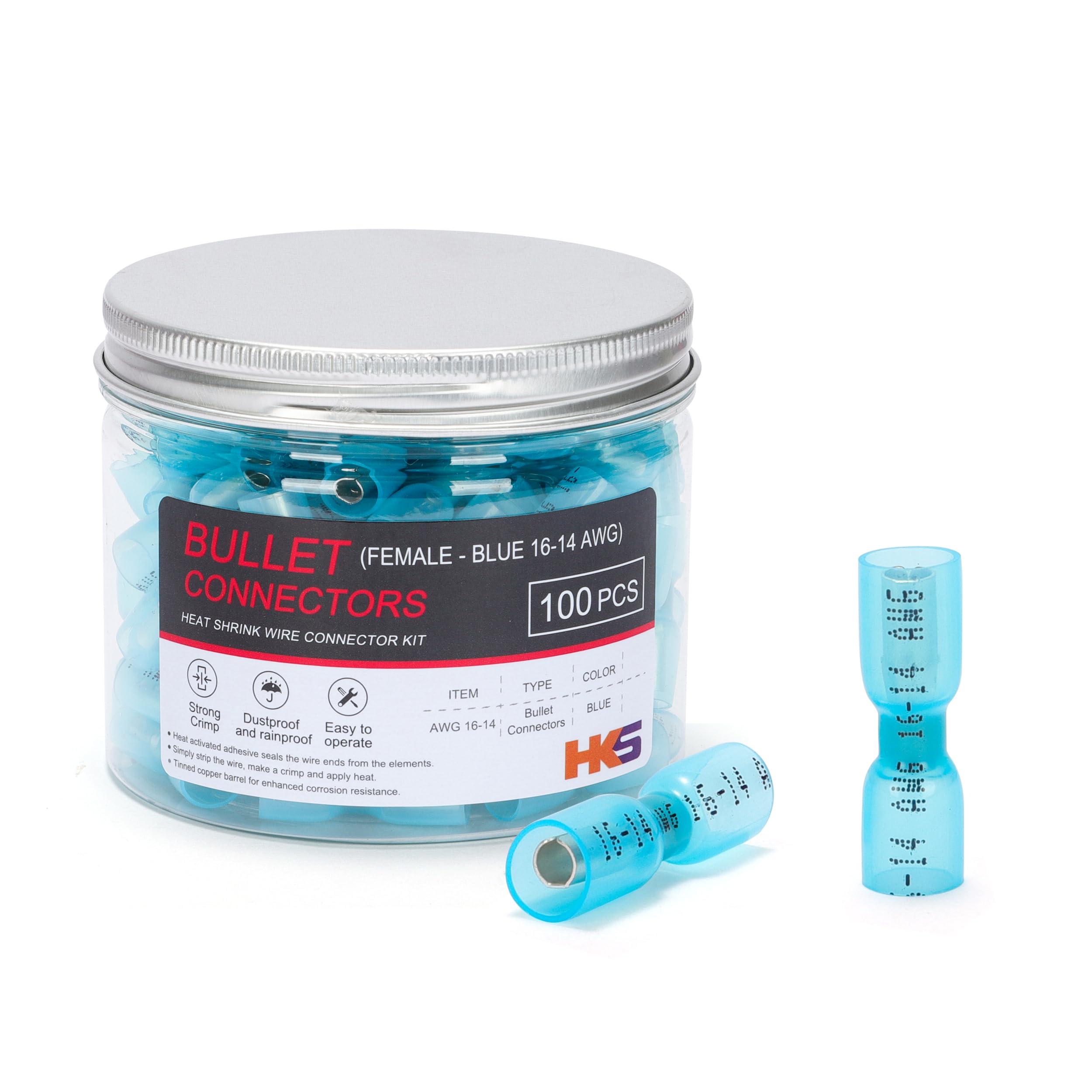 Hks 100 Pcs Heat Shrink Male Bullet Connector - Blue 16-14 Awg - Electrical Wire Connectors Kit - Tinned Copper - Automotive Mar