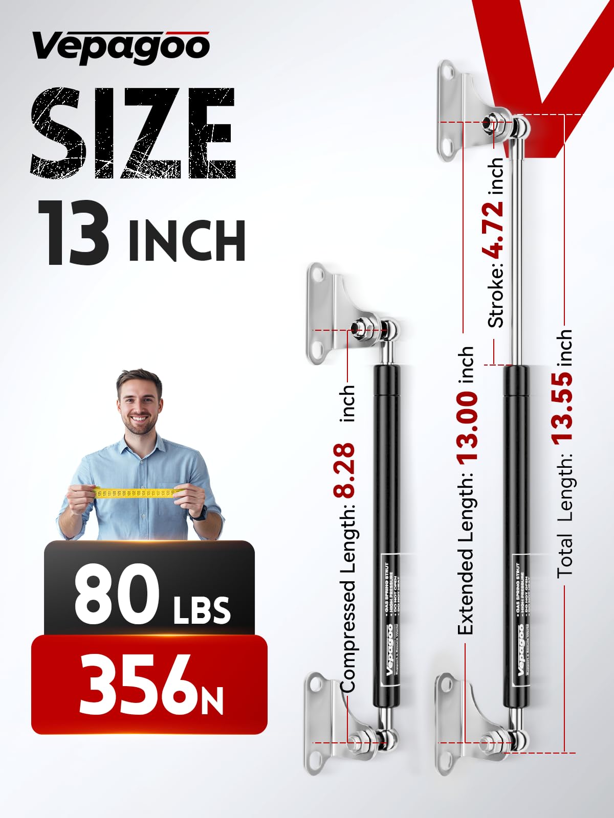 Vepagoo 13 Inch 80Lb/356N Gas Struts Shock With Mounting Brackets, Lift Supports For Toolbox Boat Hatch Cabinet Storage Box Cove