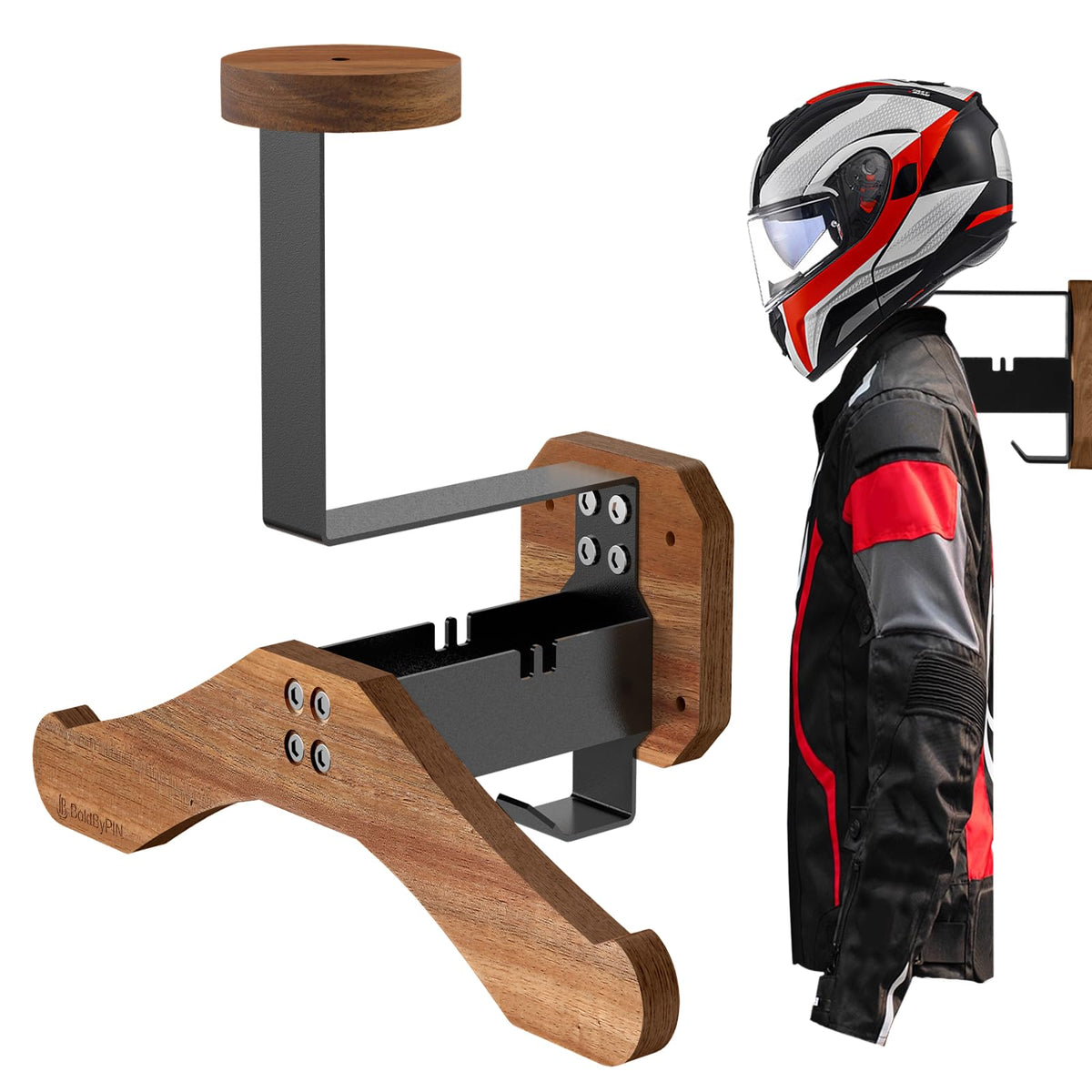 BoldByPIN Helmet Holder Motorcycle Helmet Rack Wall Mount, Solid Wood & Heavy Duty Steel Helmet Wall Mount for Motorcycle/Footba