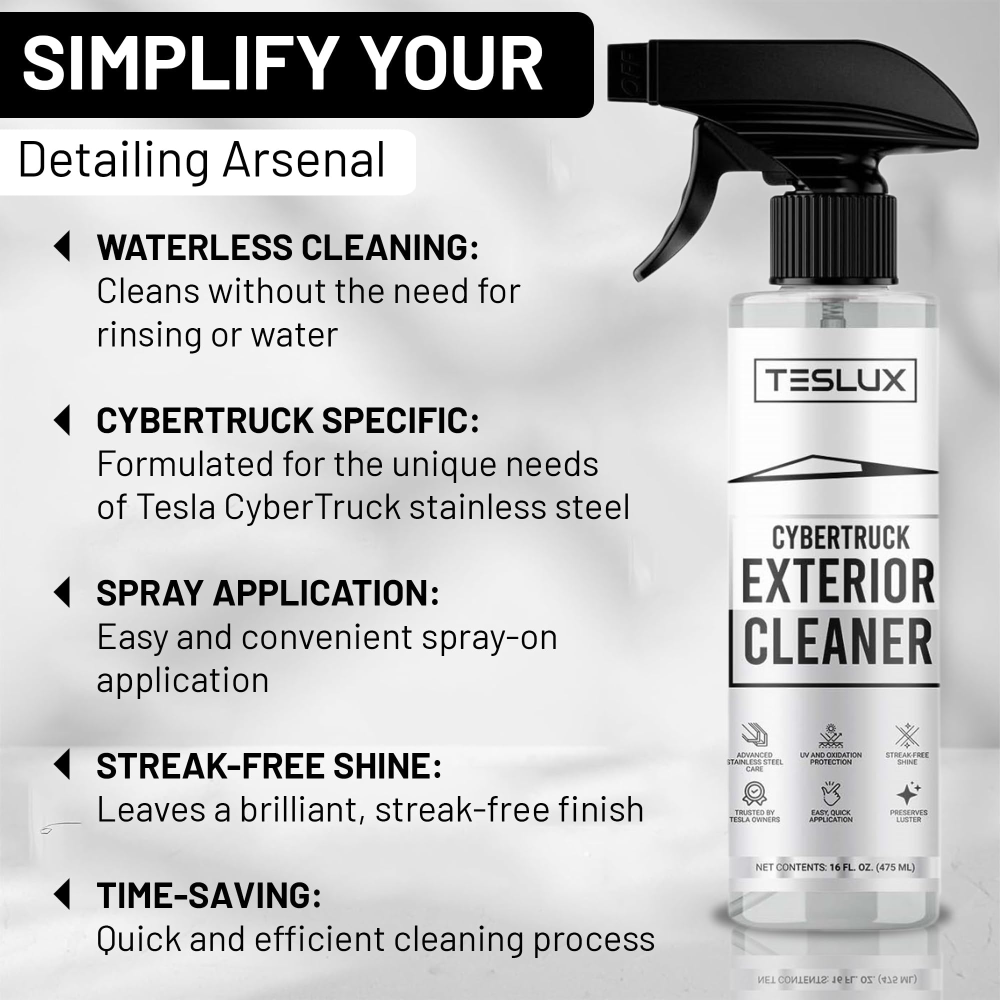 TesLux Exterior Waterless Cleaner for Tesla CyberTruck, Fingerprint & Dirt Remover, Waterless Spray, Spotless Stainless Steel Sh