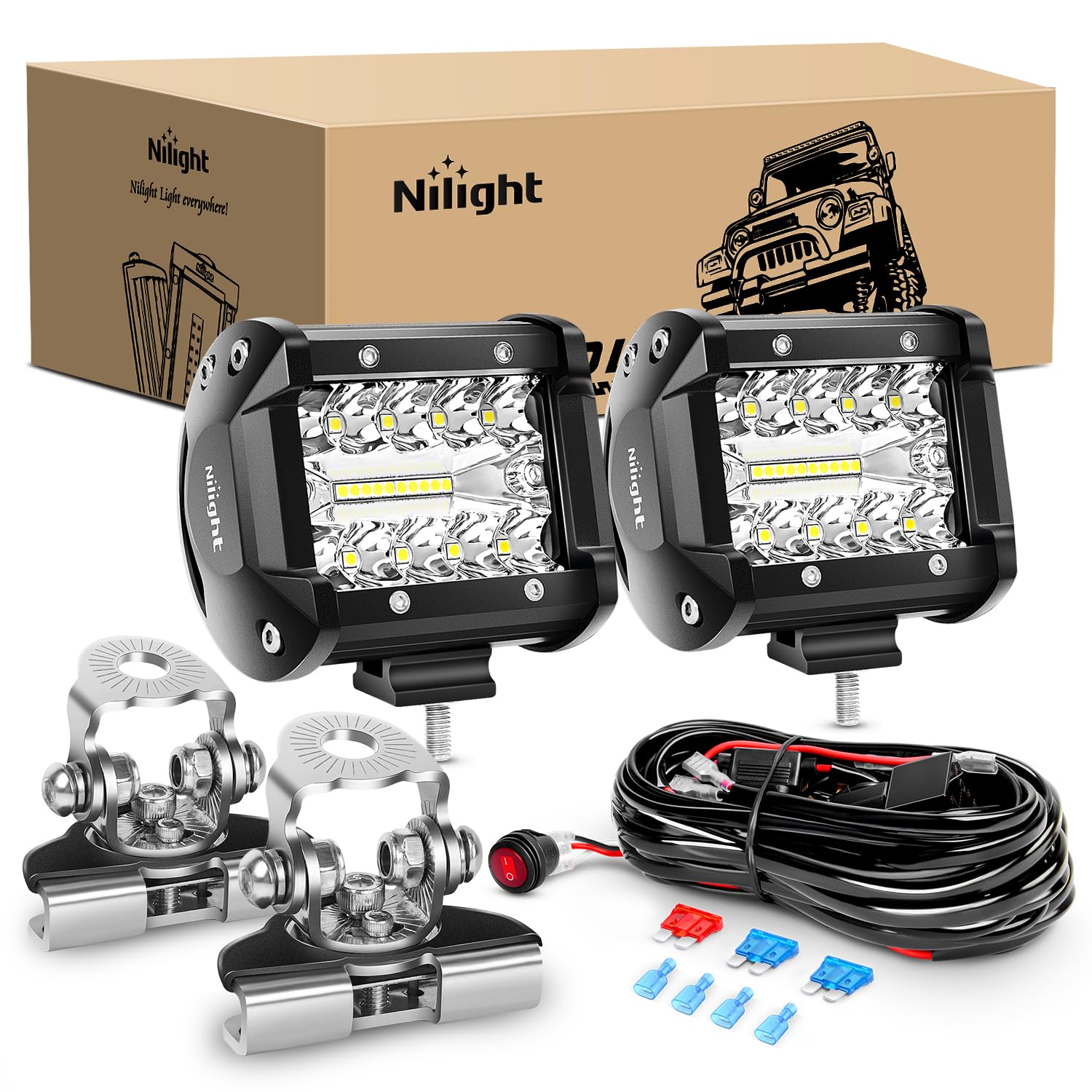 Nilight 2Pc 4Inch Triple Row Lights 60W Flood Spot Combo 6000Lm Bar Driving Boat Led Off Road Trucks With Adjustable Pillar Hood