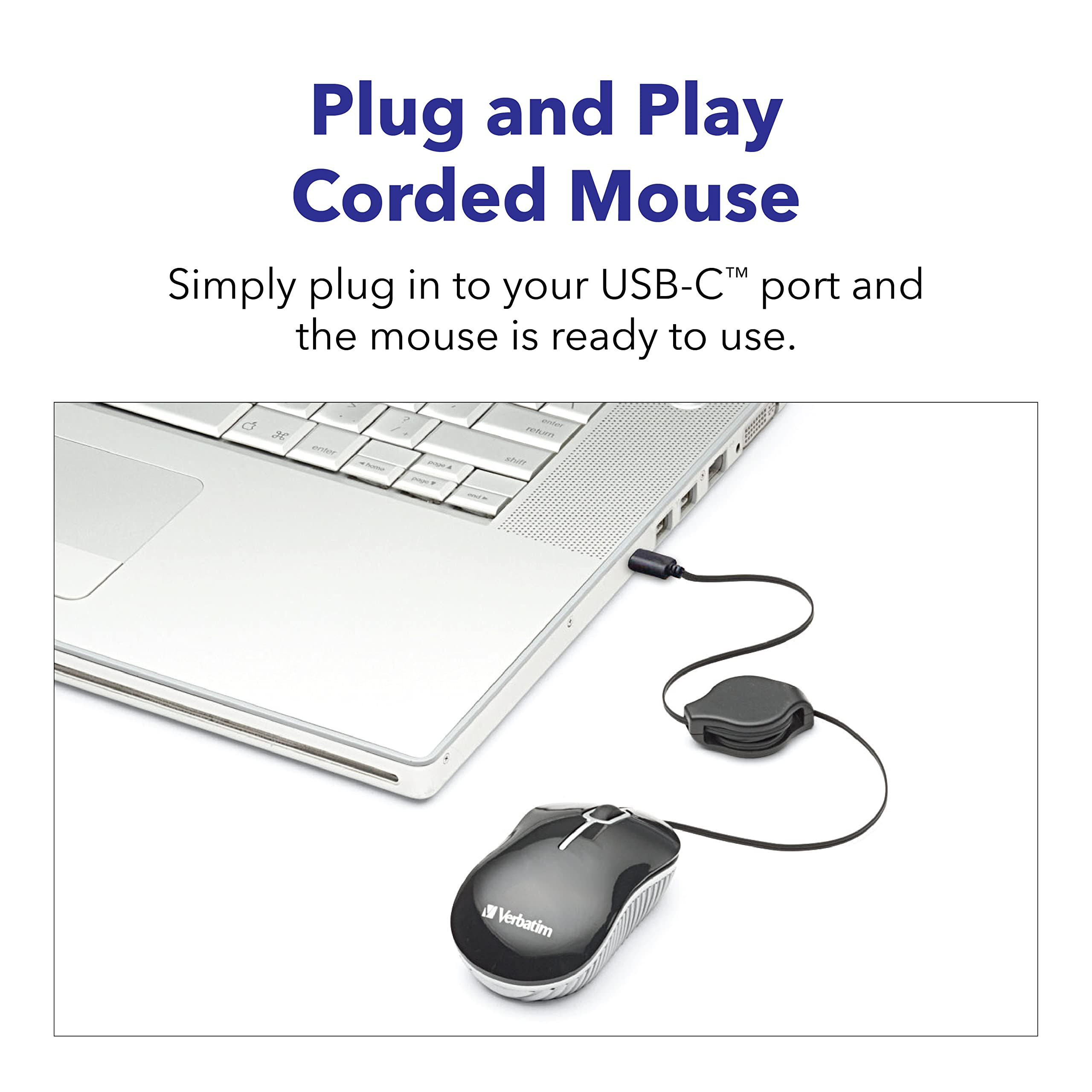 Verbatim Wired Optical Usb-C Mini Mouse - Plug & Play Corded Small Travel Mouse - Black 70744