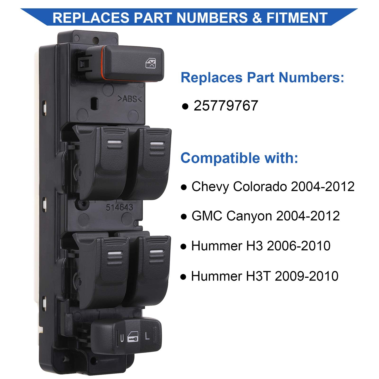 Obaee 25779767 Driver Side Master Power Window Switch Compatible with 2004-2012 Chevy Chevrolet Colorado / 2004-2012 GMC Canyon