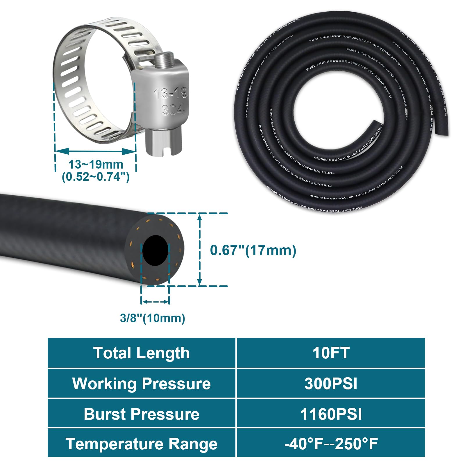 Vwtni 3/8 Fuel Line, Fuel Line Hose 10 Feet, Nbr Rubber Gasoline Tube With 10 Pcs Stainless Steel Fuel Line Clamps, Fuel Line Ki