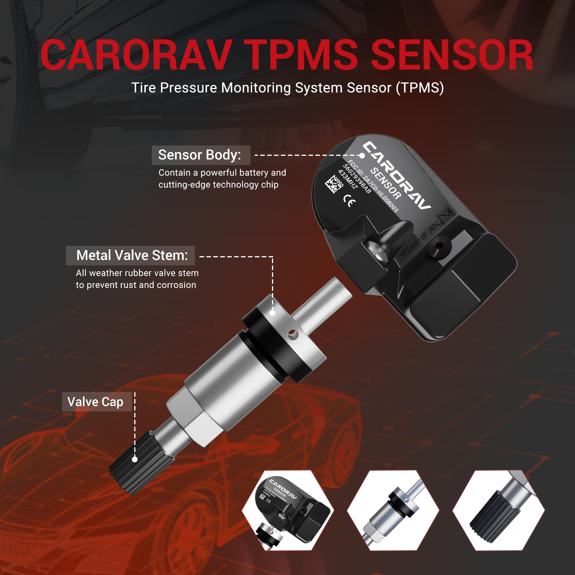 CARORAV 56029398AB TPMS Sensor,Pre-Programmed Tire Pressure Sensor Replacement for Chrysler Jeep Wrangler,Dodge Ram 1500 2500 35