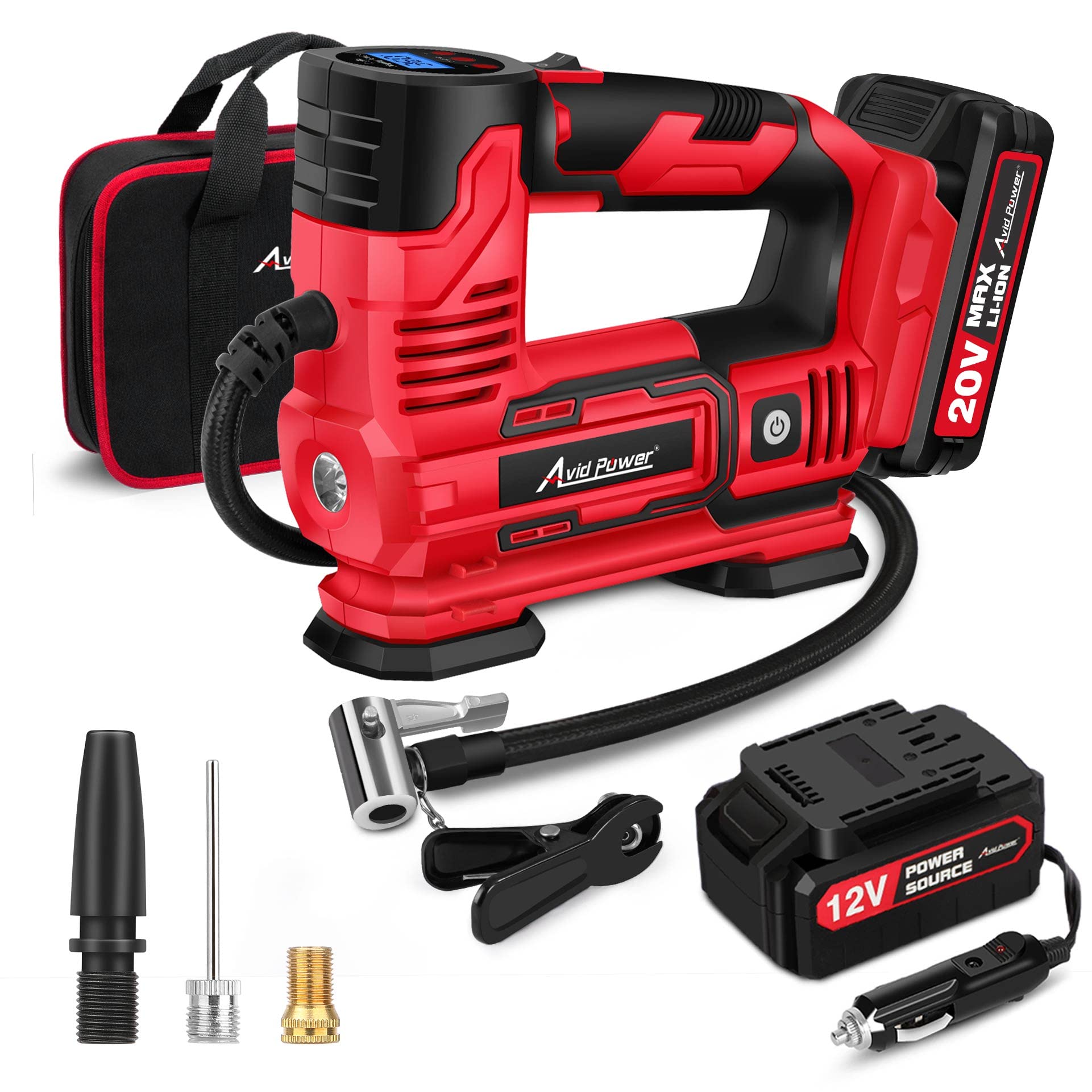 Avid Power Tire Inflator Portable Air Compressor, 20V Cordless Car Tire Pump W/Rechargeable Li-Ion Battery, 12V Car Power Adapte