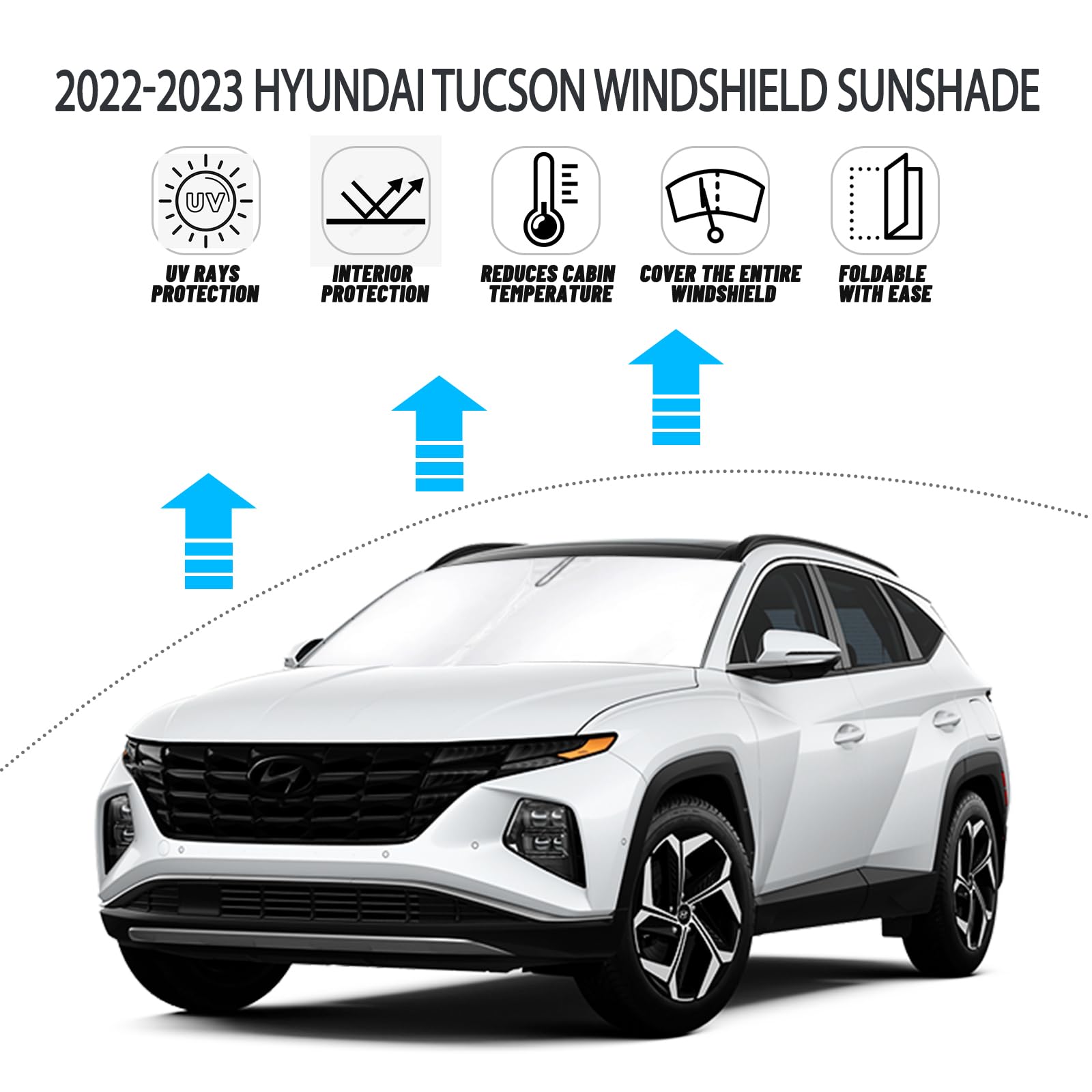 D-Lumina Windshield Sun Shade For 2022 2023 2024 Hyun-Dai Tucson Accessories, Front Window Sunshade Sun Visor Protector Block Uv Rays Heat, Foldable 2 Layers 210T Material