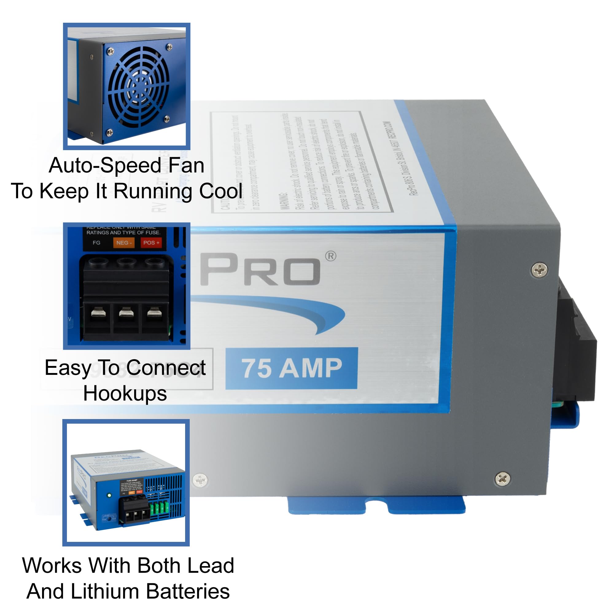 Recpro Rv Converter 75 Amp | Rv Power Converter & Battery Charger | 4 Stage Smart Charging | 120Vac To 12Vdc | 13V To 16.5V Oper