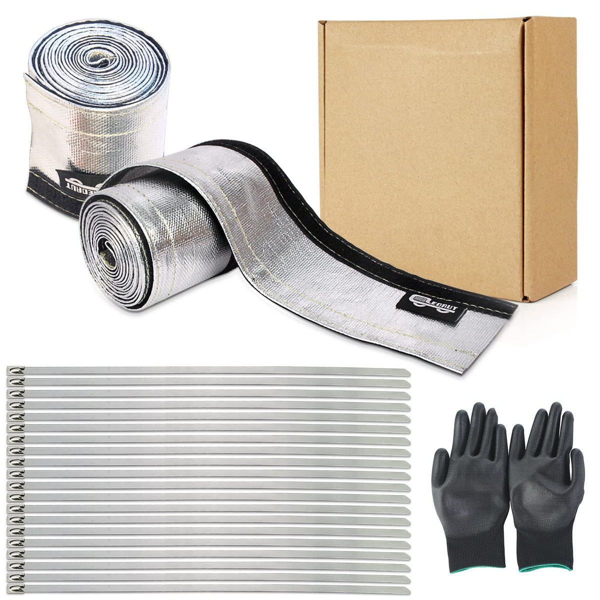 2 Pcs Heat Shroud Sleeve Aluminized Sleeving With Hook&Loop Closure 3/4'' I.D.X 10Ft With 20Pcs Stainless Steel Cable Metal Ties