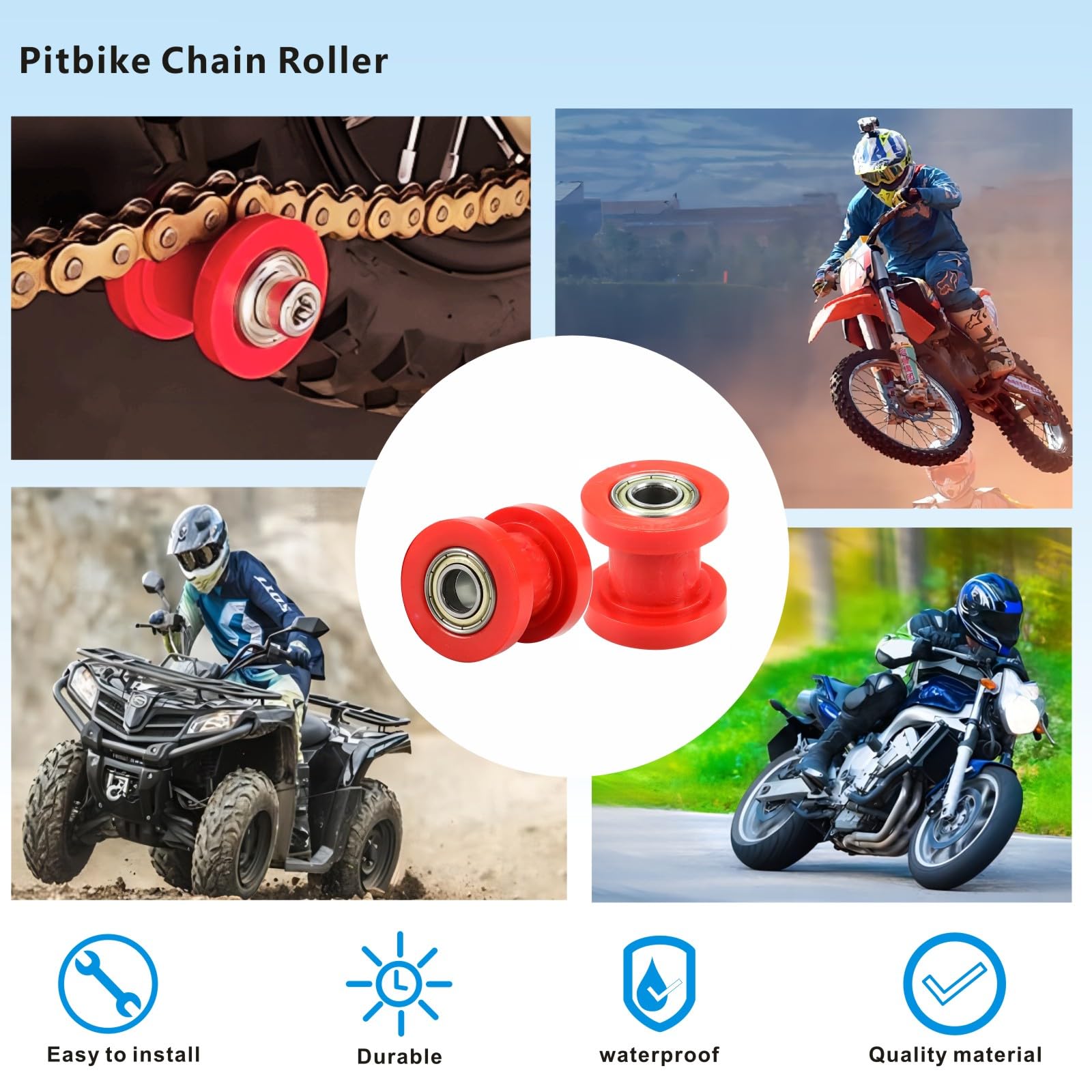 Motcoda 8Mm And 10Mm Chain Roller Pulley Tensioner Wheel Guide Per For Motorcycle Mini Bike Atv 125Cc 140Cc 160Cc Ssr Xr125 Klx110 Crf50 Pitster Pit Dirt Bike Parts (Red)