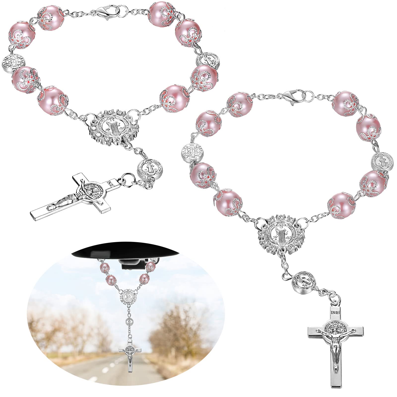 Saint Benedict Car Rosary 2 Pcs Rearview Mirror Auto Rosary Hanging Personalized Car Cross Blessing Catholic Car Medal For Truck