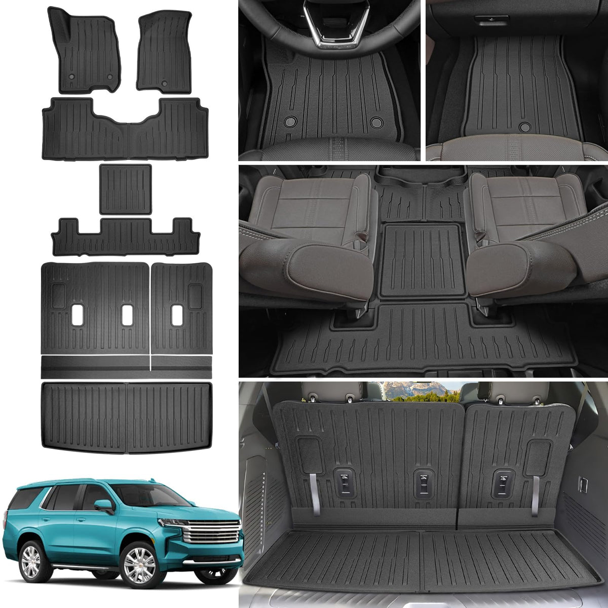JTYZSM Floor Mats & Cargo Mats for 2022-2025 Chevy Tahoe/GMC Yukon 7 Seats, All Weather Floor Liners with Rear Trunk Mat for 202
