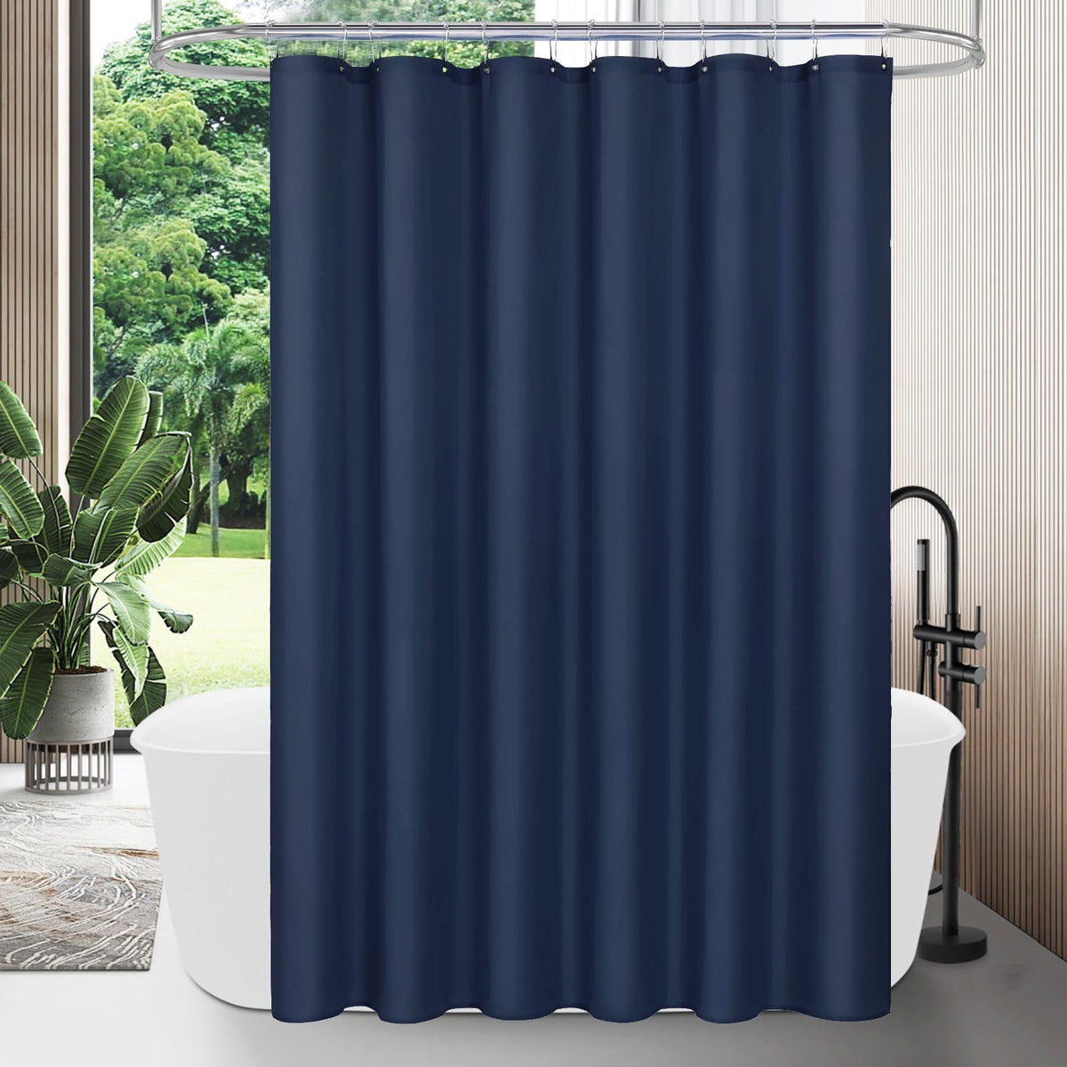 Mitovilla Extra Long Shower Curtain Liner - 72 X 84 Inches, Navy Blue Shower Liner Fabric With Plastic Hooks, Waterproof Bath Curtain Liner Polyester Soft Lightweight, Washable