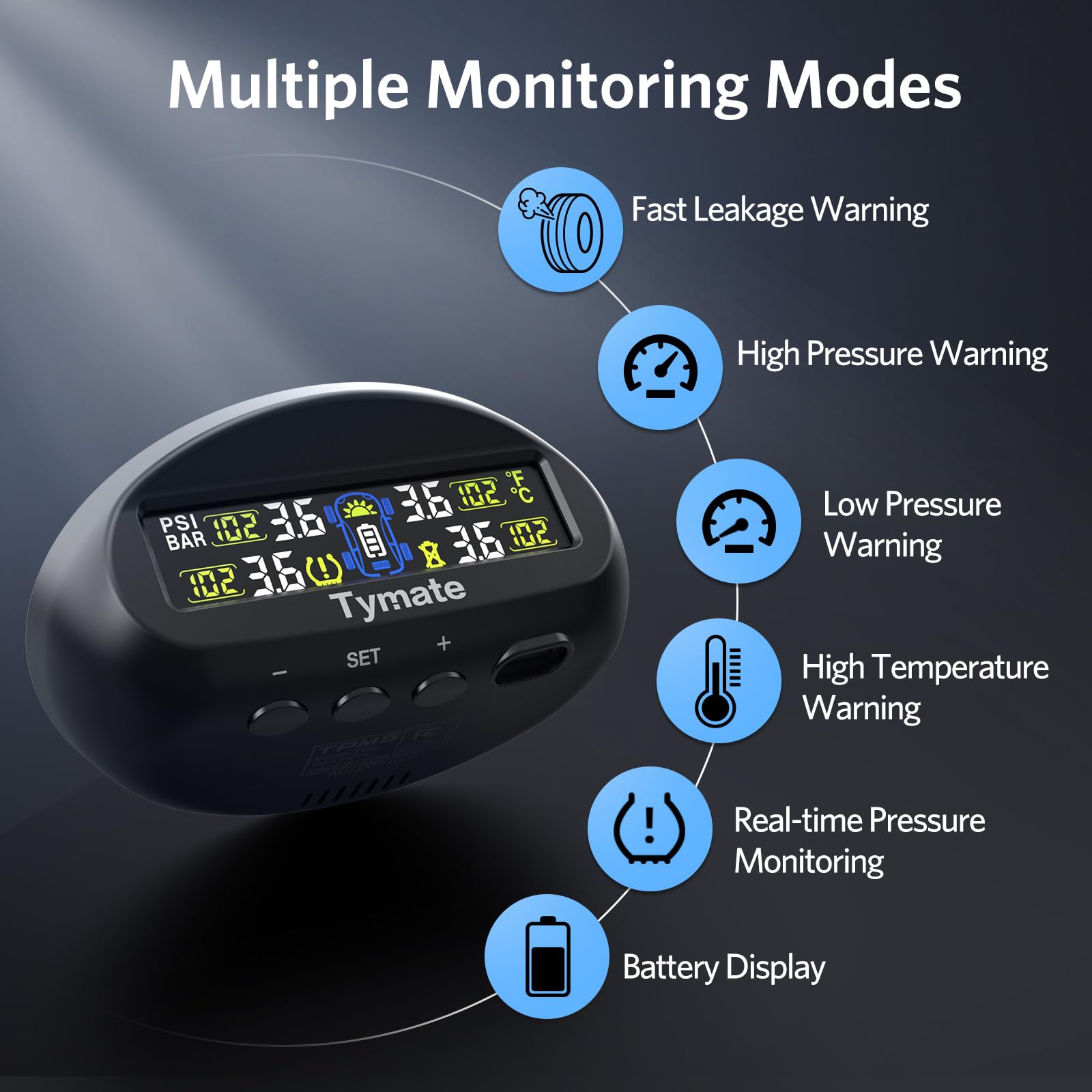 Tymate TM9 Tire Pressure Monitoring System, Compact Wireless Solar TPMS with 4 External Sensors & 6 Alarm Modes, Install on Wind