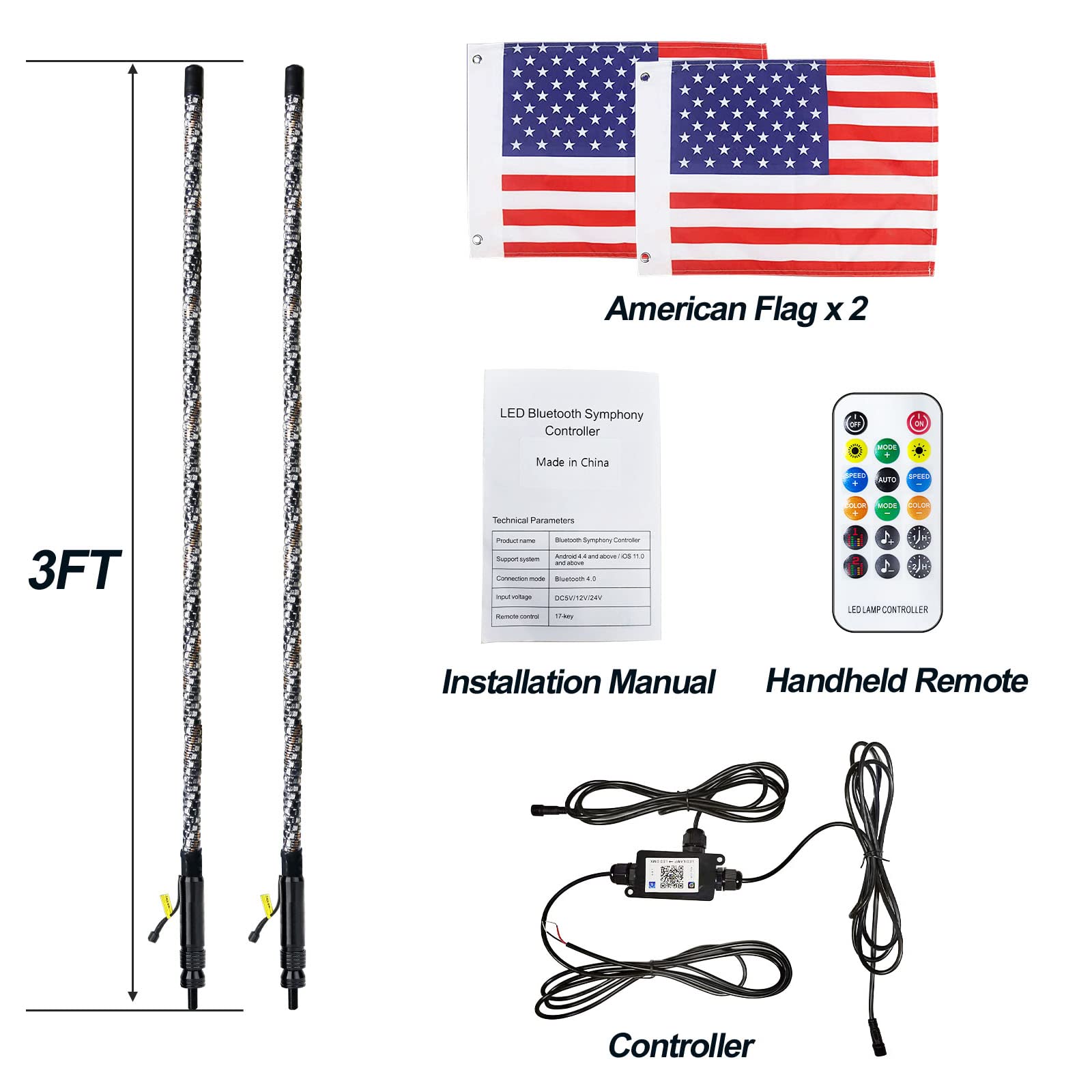 2Pcs 3Ft Led Whip Lights,Rf Wireless Remote,500 Kinds Patterns 600 Kinds Of Color Combinations,Rgr Chasing Lighted Antenna Whips,For Utv, Atv, Off Road, Truck, Sand, Buggy Dune, Rzr.