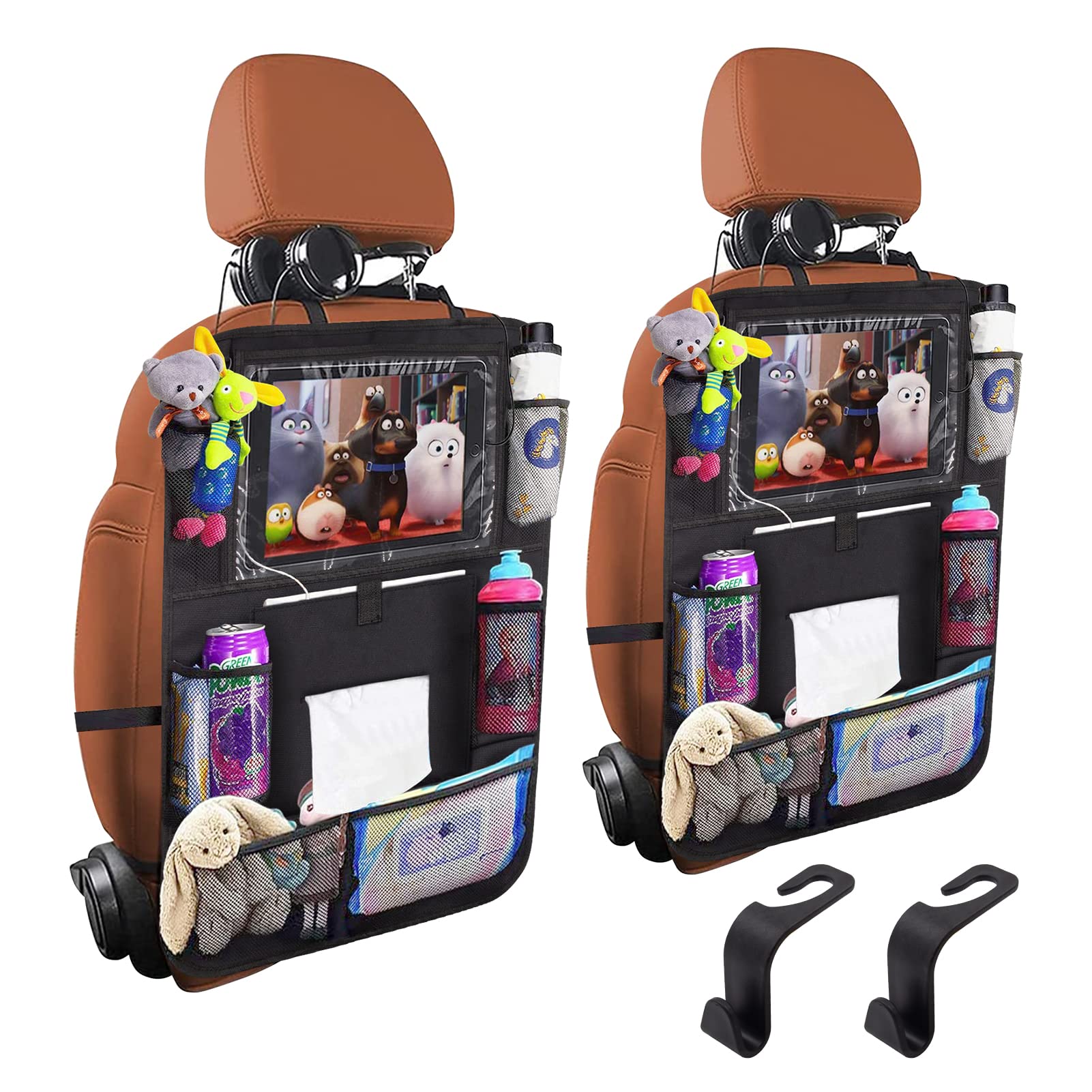 JUCAINHI Backseat Car Organizer 2 PCS - Black Storage with Touch Tablet Holder, Tissue Box, 8 Pockets & Charging Hole - Travel Essential for Kids
