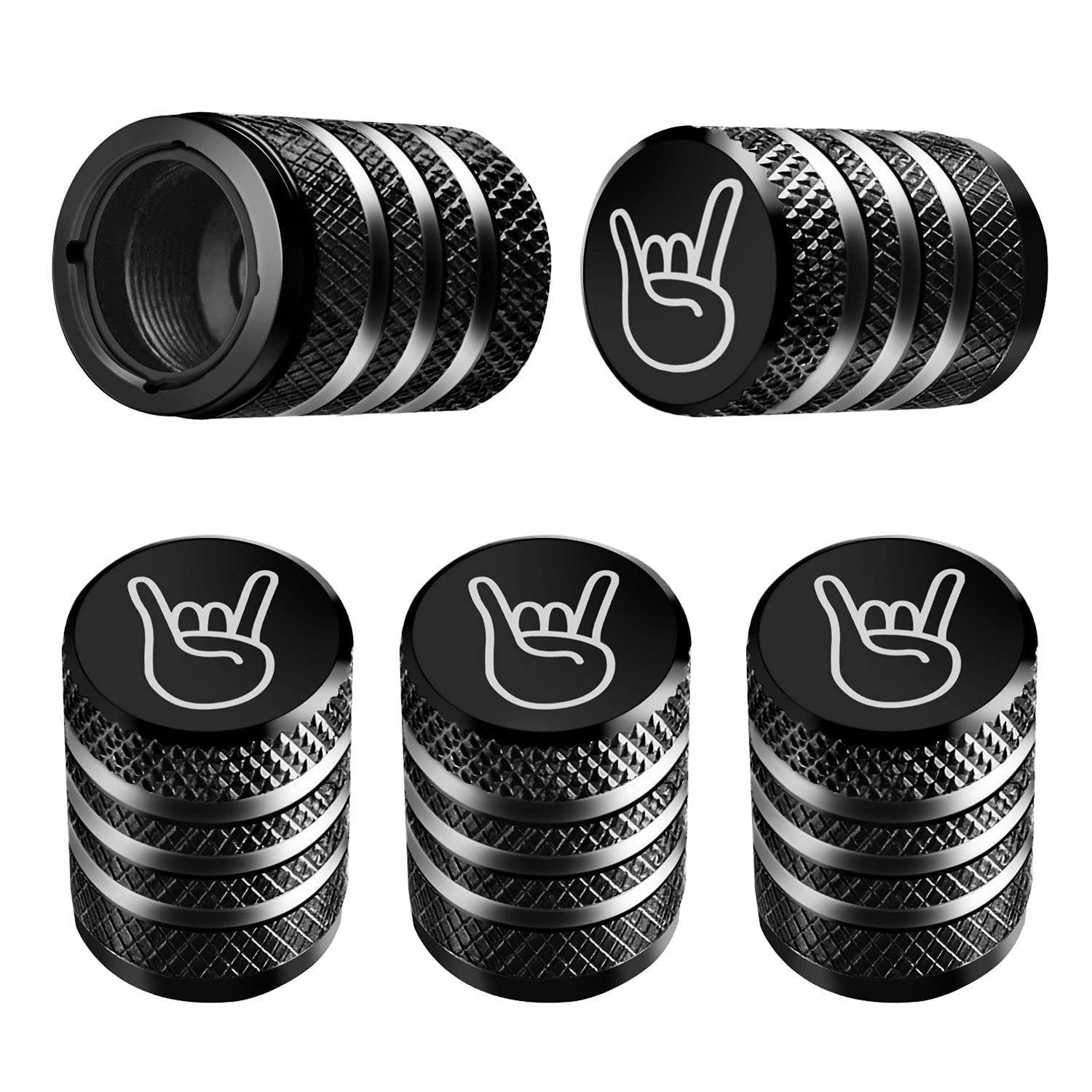 Tire Valve Stem Cap Cover - (5 Pack) Tire Air Cap Metal With Plastic Liner Corrosion Resistant Leak-Proof Rock And Roll For Car Truck Motorcycle Bike Black