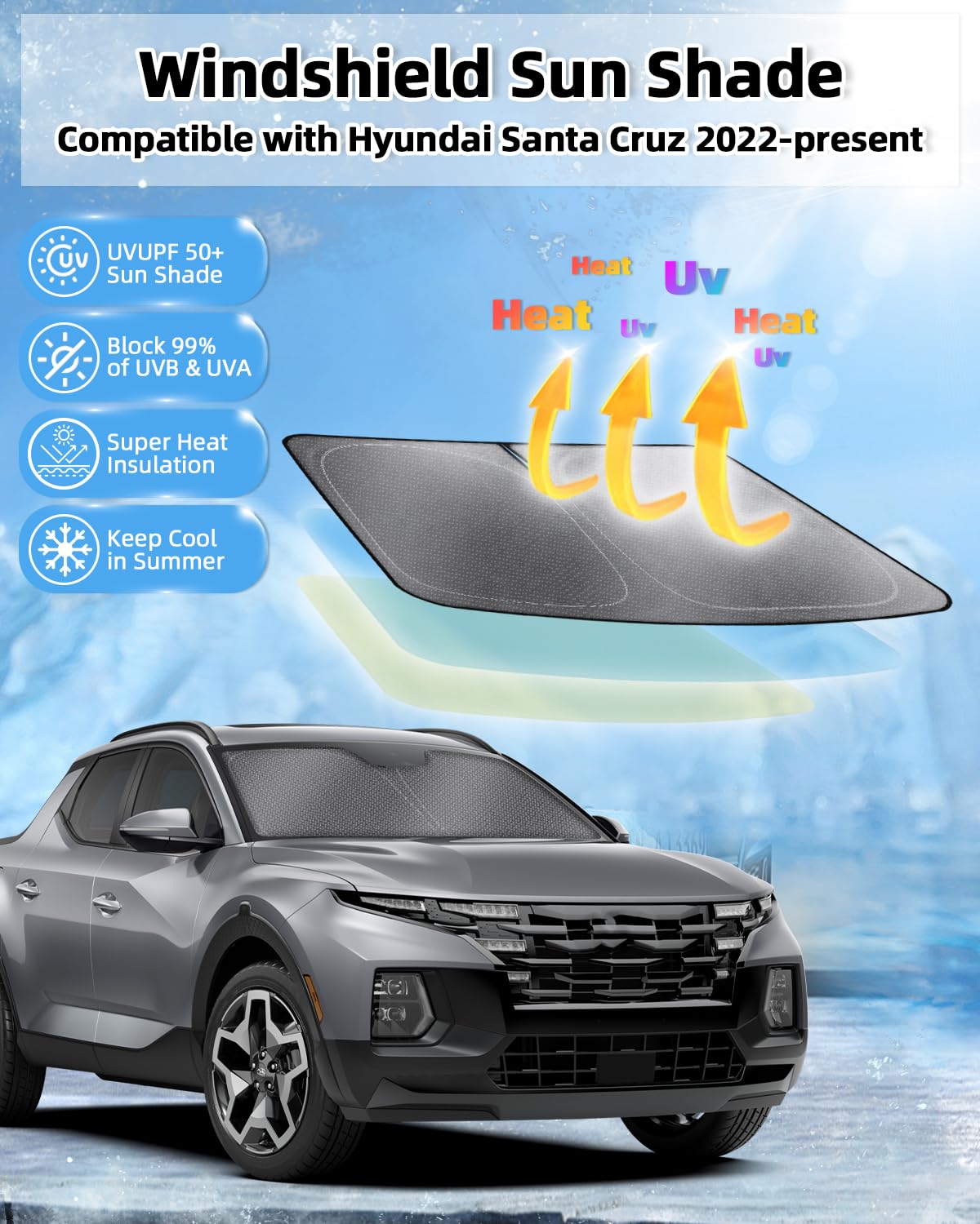 Mixsuper Liner Windshield Sun Shade For Hyundai Santa Cruz 2022-2024 2025 Windshield Sunshades Front Window Sun Shades Cover For