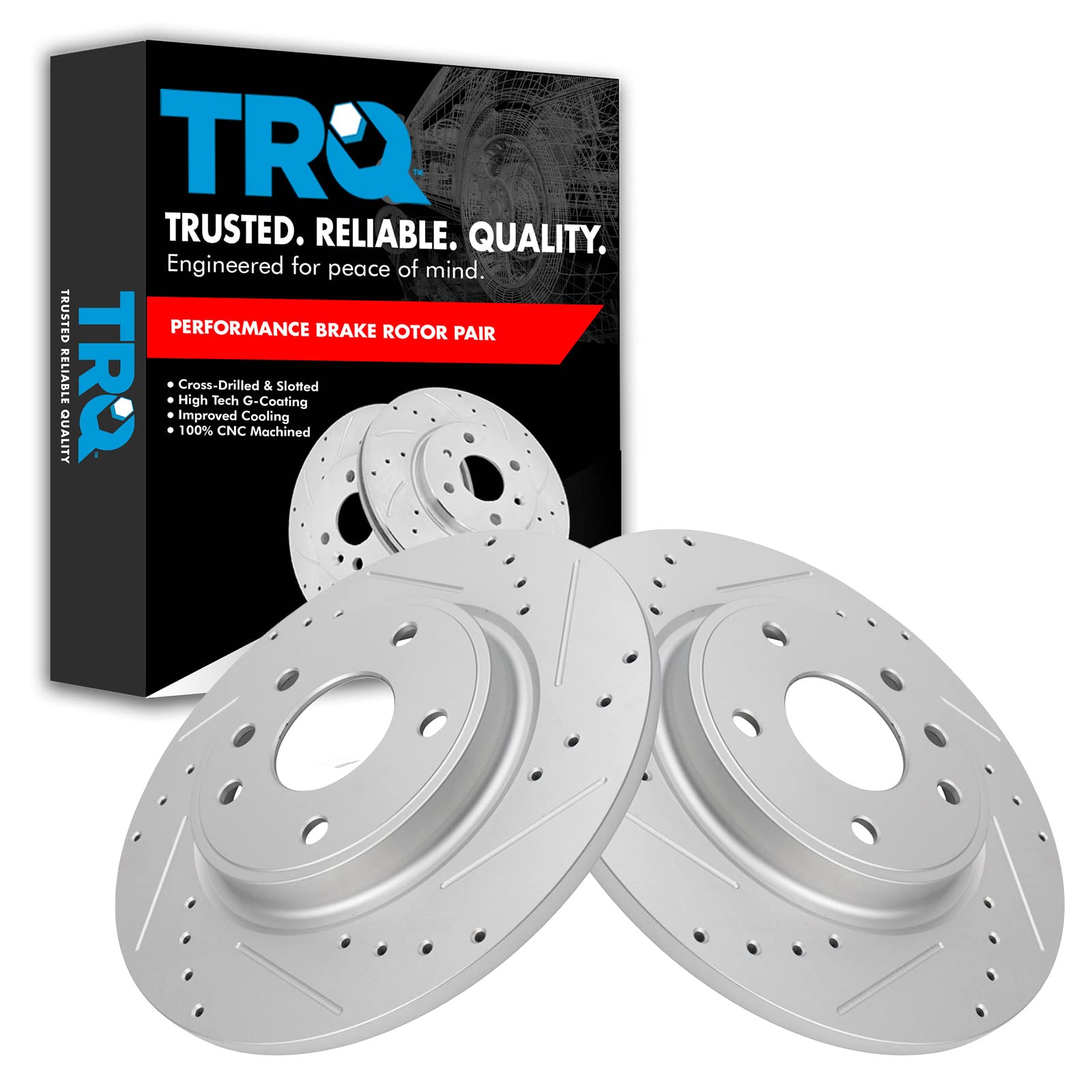 Trq Rear Performance Brake Rotors Set Premium G-Coated Cross Drilled & Slotted Compatible With 2017-2024 Chrysler Pacifica