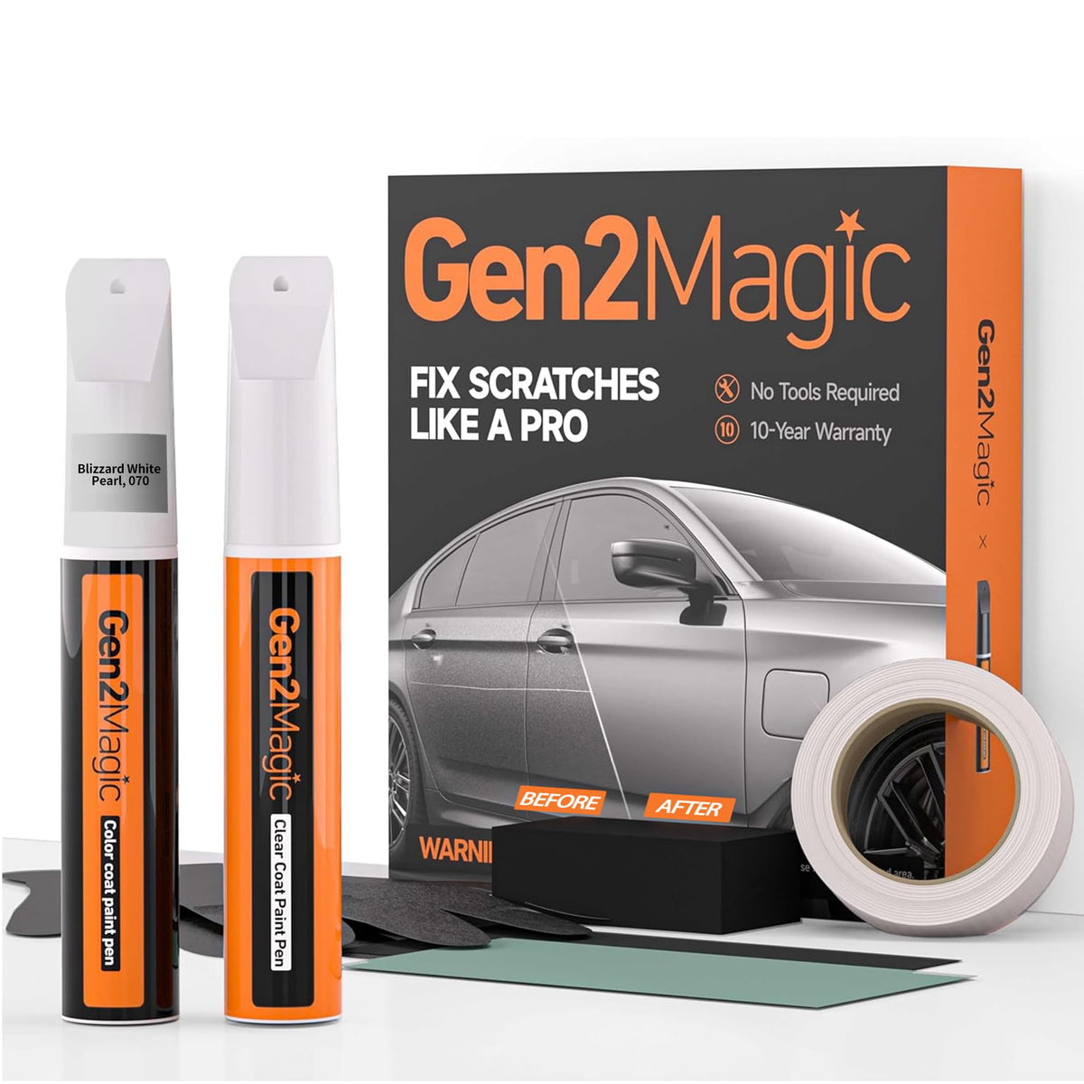 Gen2Magic Blizzard White Pearl Touch Up Paint Pen Kit for Toyota [Clear Coat Included], 070 Color Match for Scratches, Easy Repa