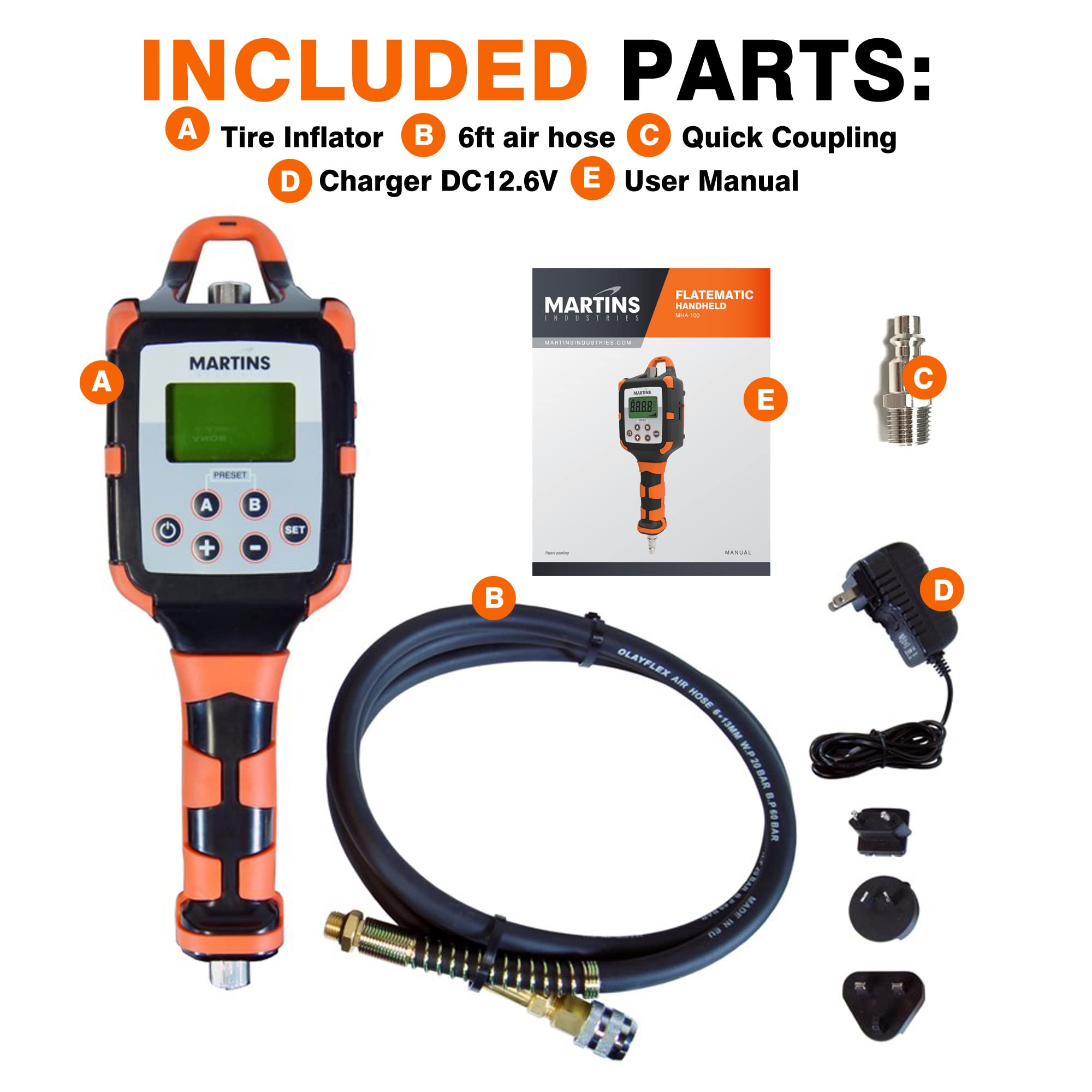 Martins Industries Flatematic Handheld Automatic Tire Inflator - up to 174 PSI, Inflate and Deflate Automatically, Rechargeable