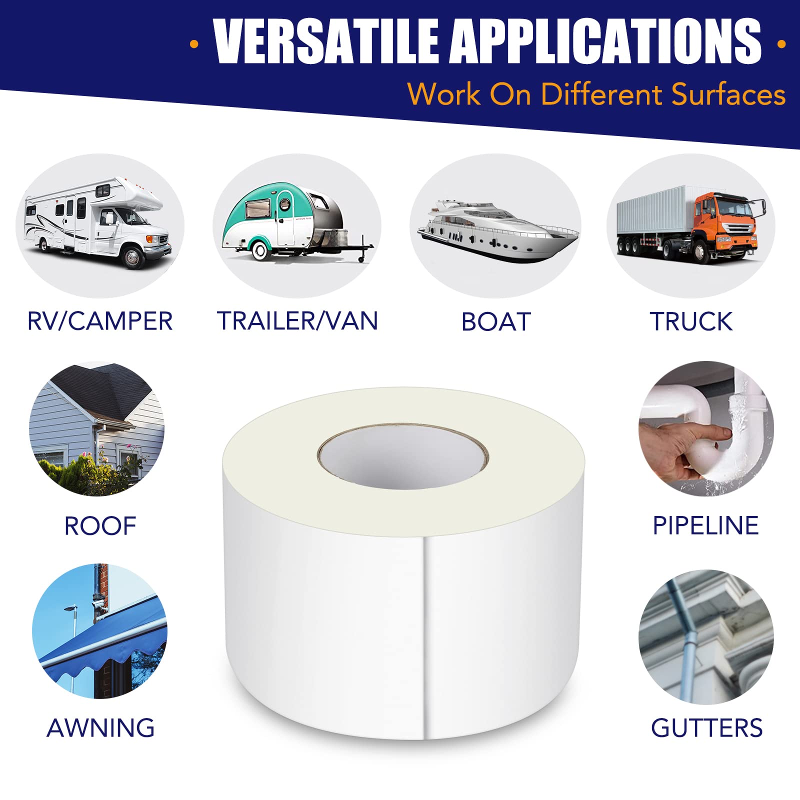 2 Pack RV Roof Tape, 4 Inch x 50 Feet RV Sealant Tape, UV & Waterproof RV White Seal Tape for RV Repair, Window, Boat Sealing, T