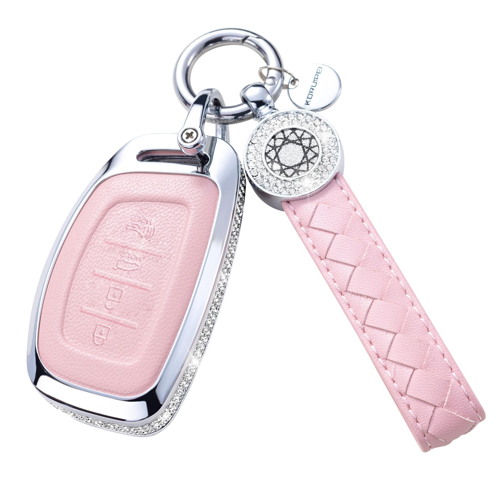 Ruabiban For Hyundai Key Fob Cover With Keychain, Pink Leather Key Case Protection Shell Fit For Hyundai Elantra Ioniq Sonata Tu