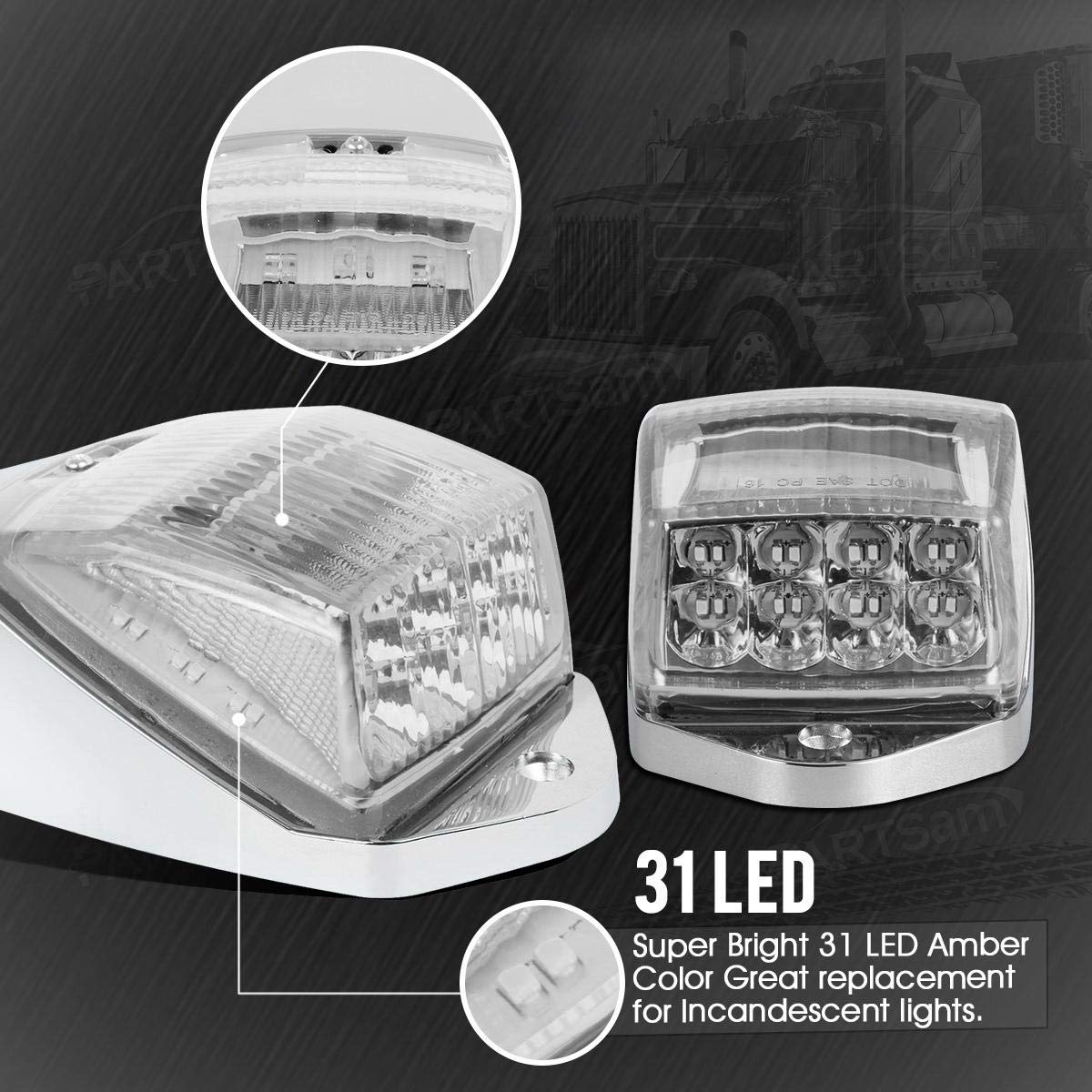 Partsam 5Pcs Clear Lens 31Led Amber Cab Marker Top Roof Running Lights W/Chrome Base Compatible With Peterbilt/Kenworth/Freightl