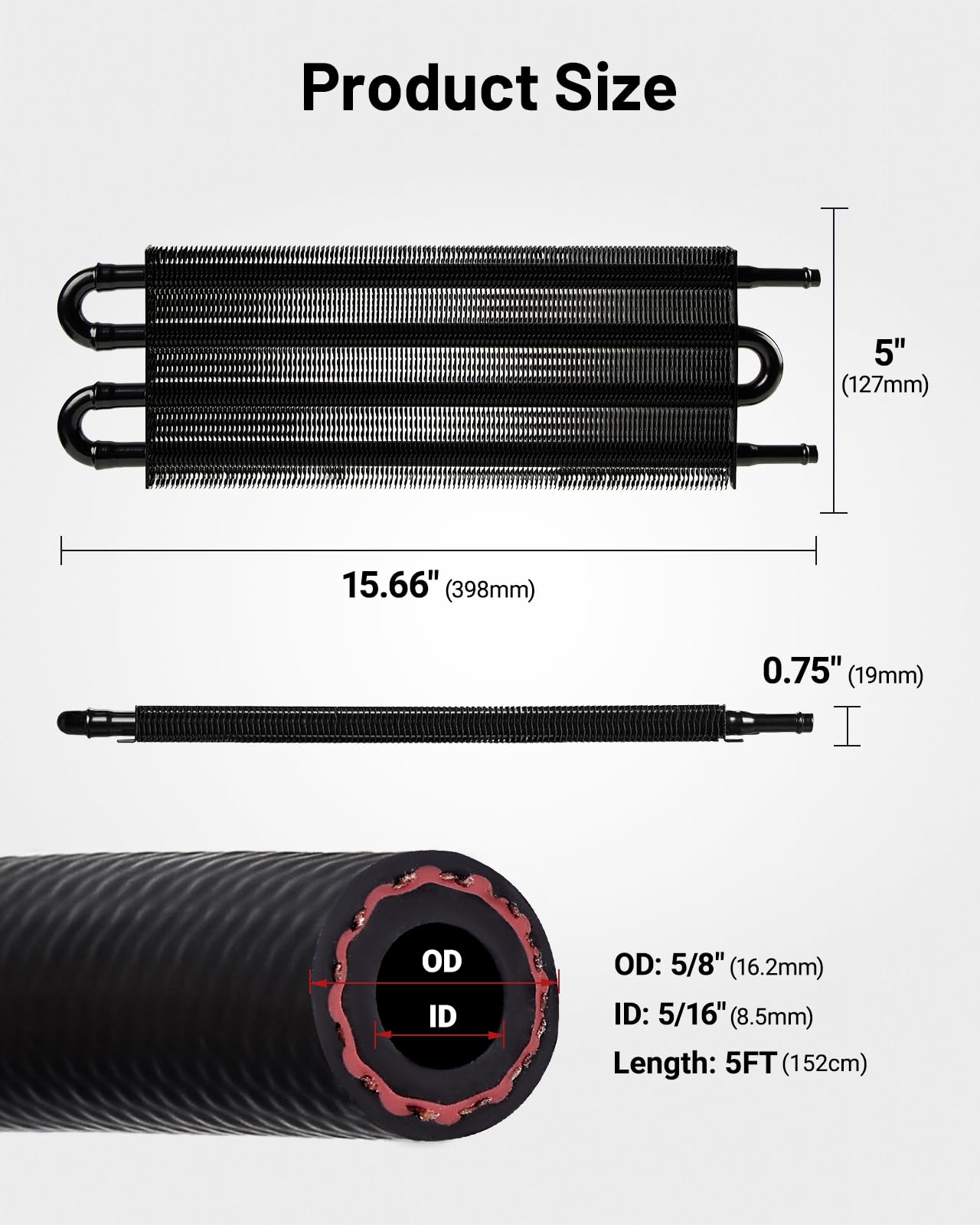 Evil Energy 5/16'' Transmission Oil Cooler, 4 Pass Tube And Fin Cooler Kit Universal Aluminium Black