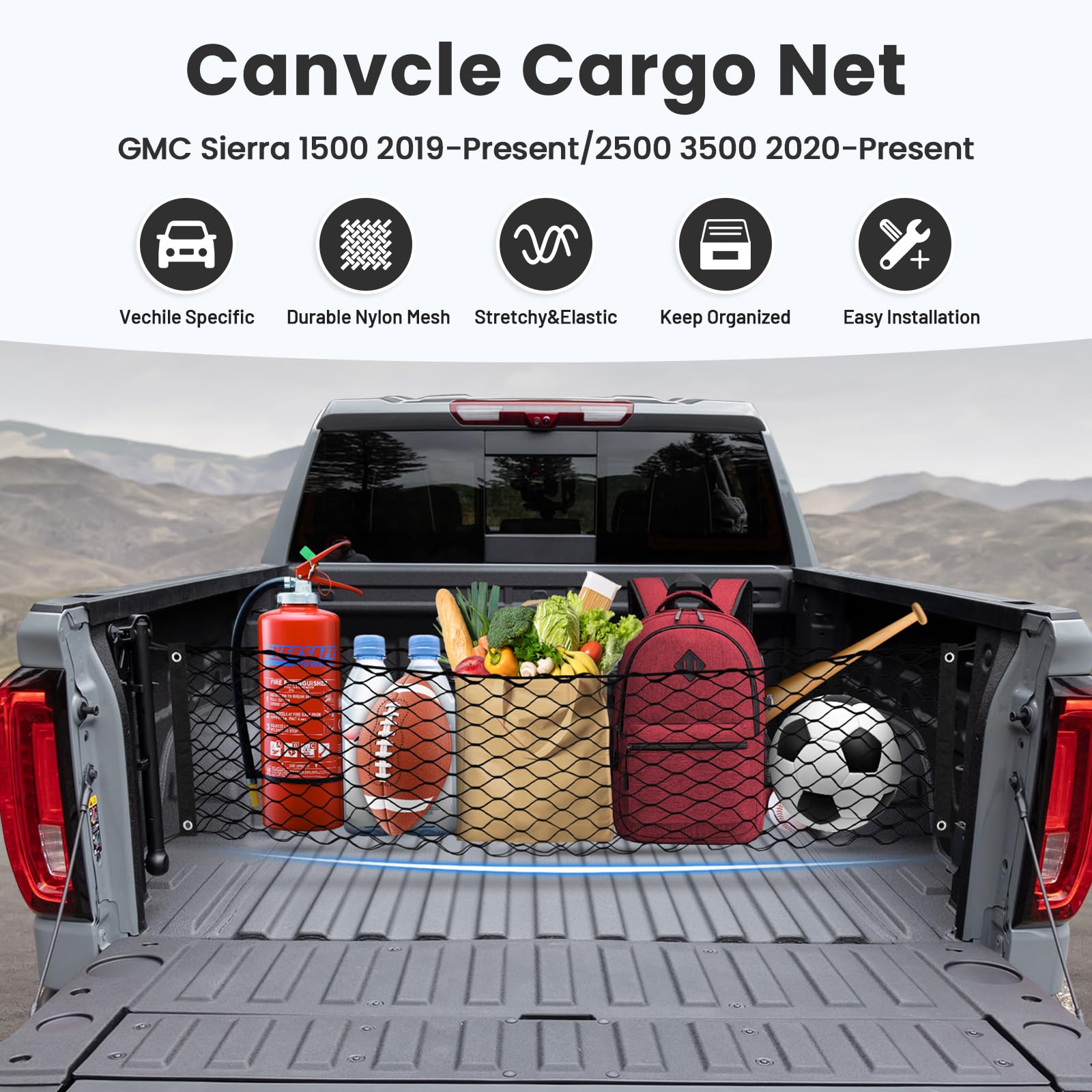 Canvcle Truck Bed Cargo Net for 2013-2025 GMC Sierra/Chevy Silverado 1500 2500 3500 Accessories Envelope Style Mesh Trunk Net Or