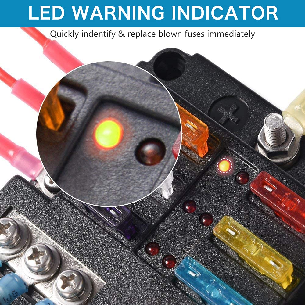 12 Volt Fuse Block, Waterproof 6 Way Fuse Box With 6 Ground Negative Busbar For Automotive[100 Amp Max] [Atc/Ato Fuses] [Led Ind